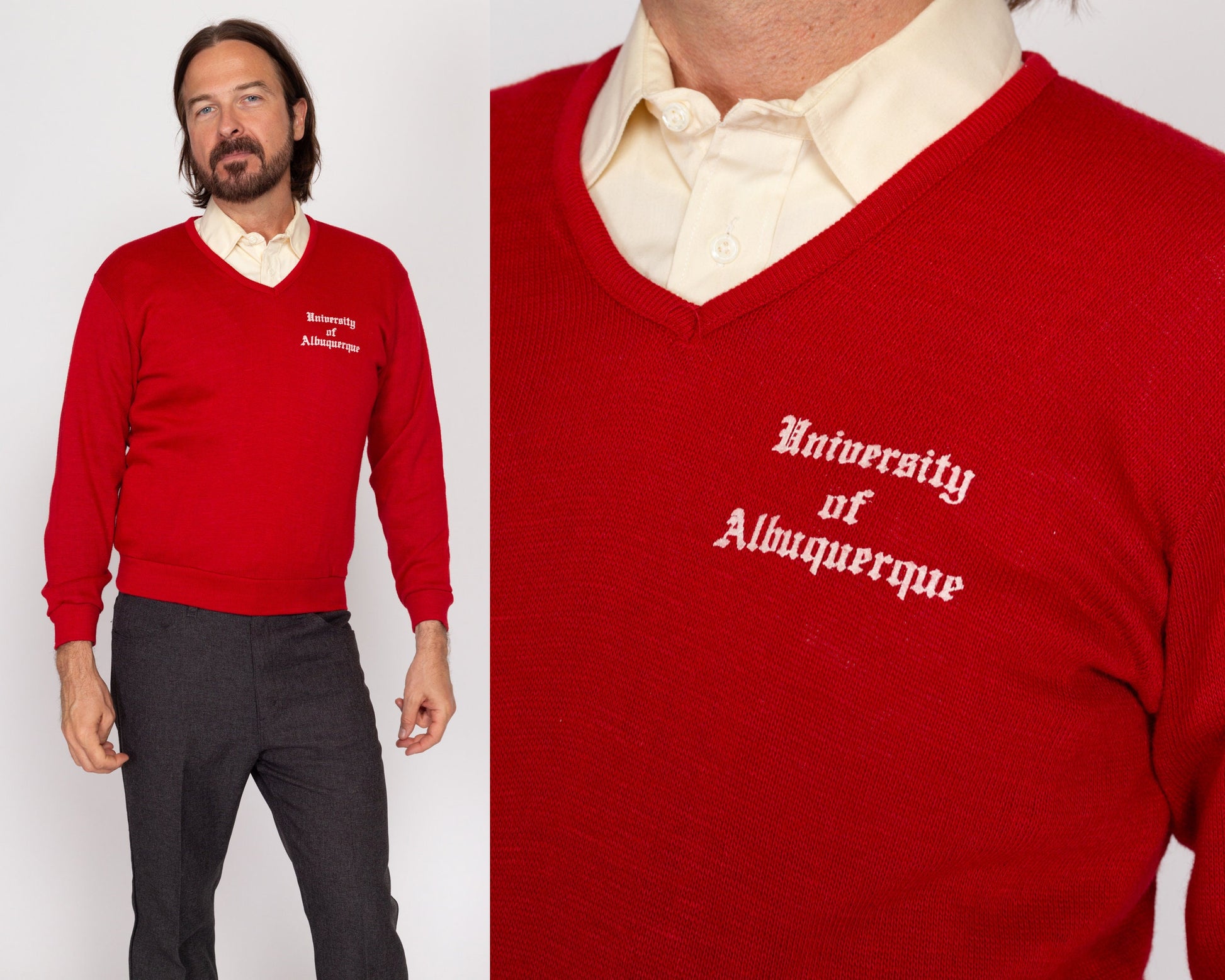 Small 70s University Of Albuquerque Red V-Neck Sweater | Vintage Knit Collegiate Pullover