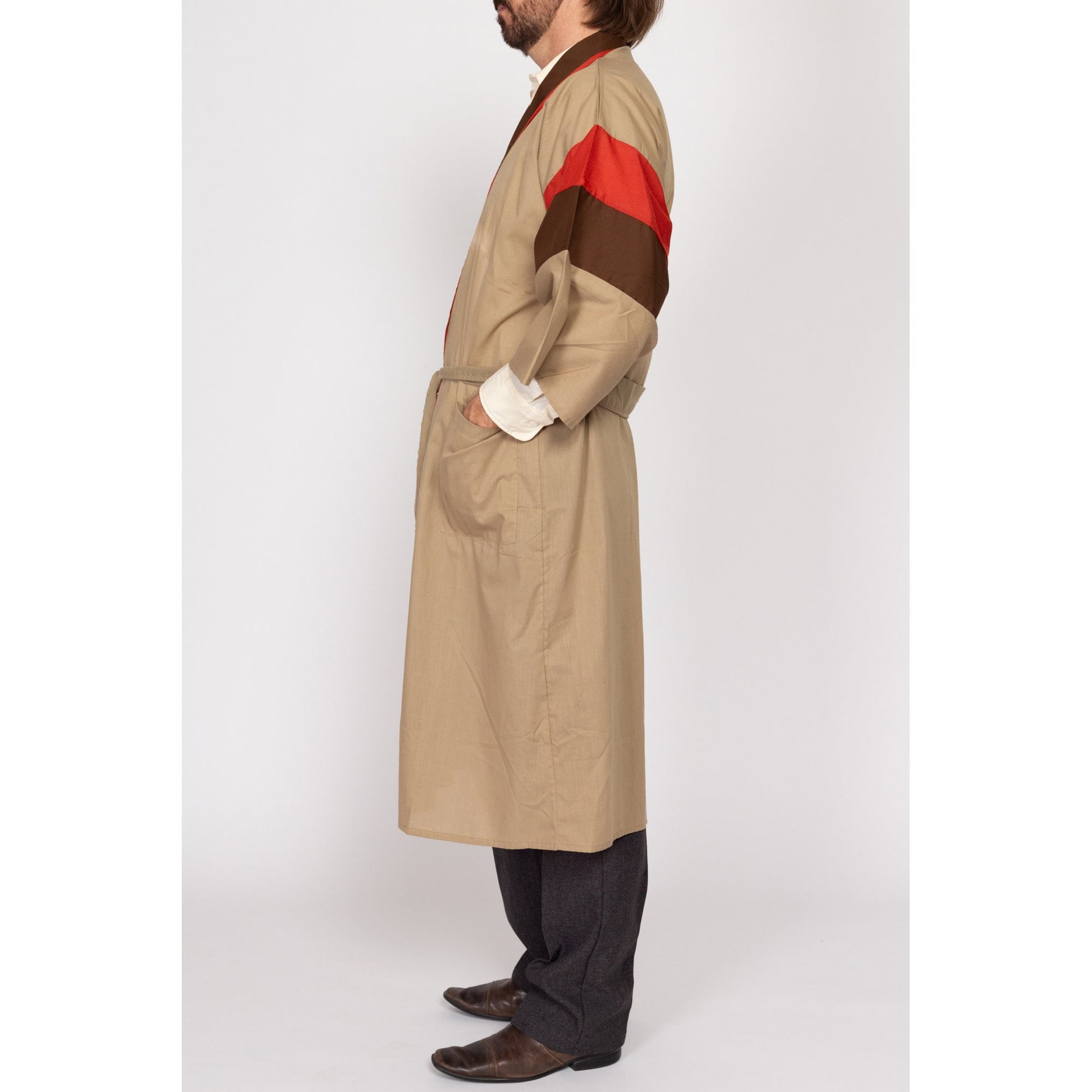 One Size 70s Tan & Red Color Block Robe | Vintage Belted Loungewear Duster