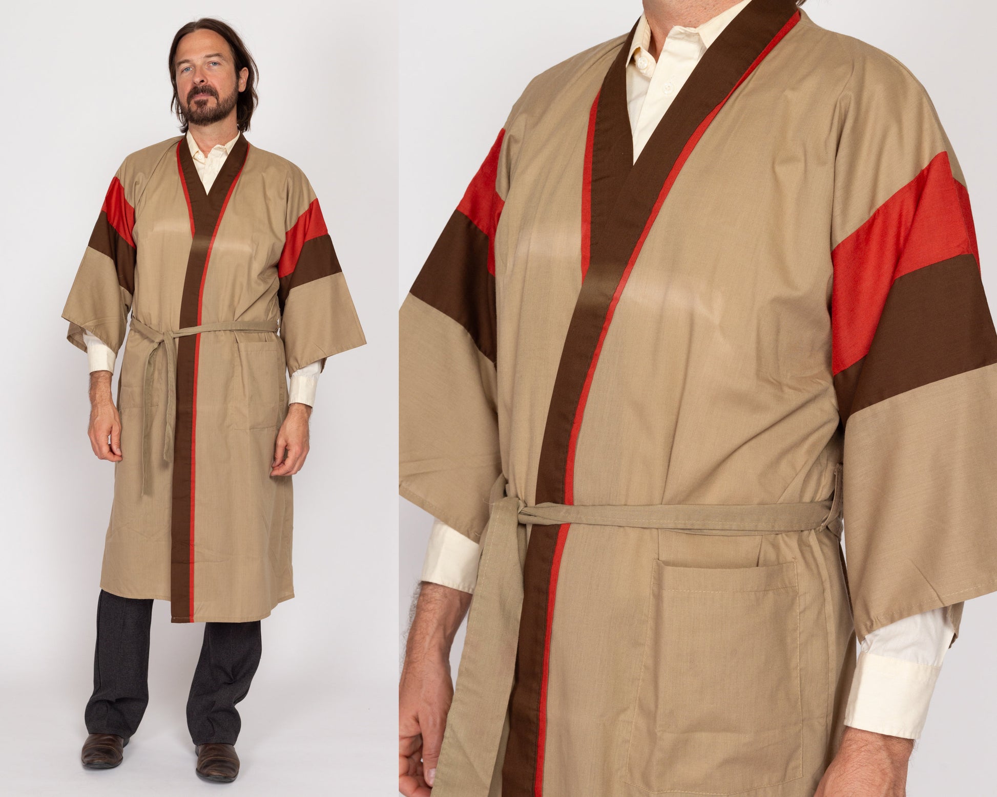 One Size 70s Tan & Red Color Block Robe | Vintage Belted Loungewear Duster