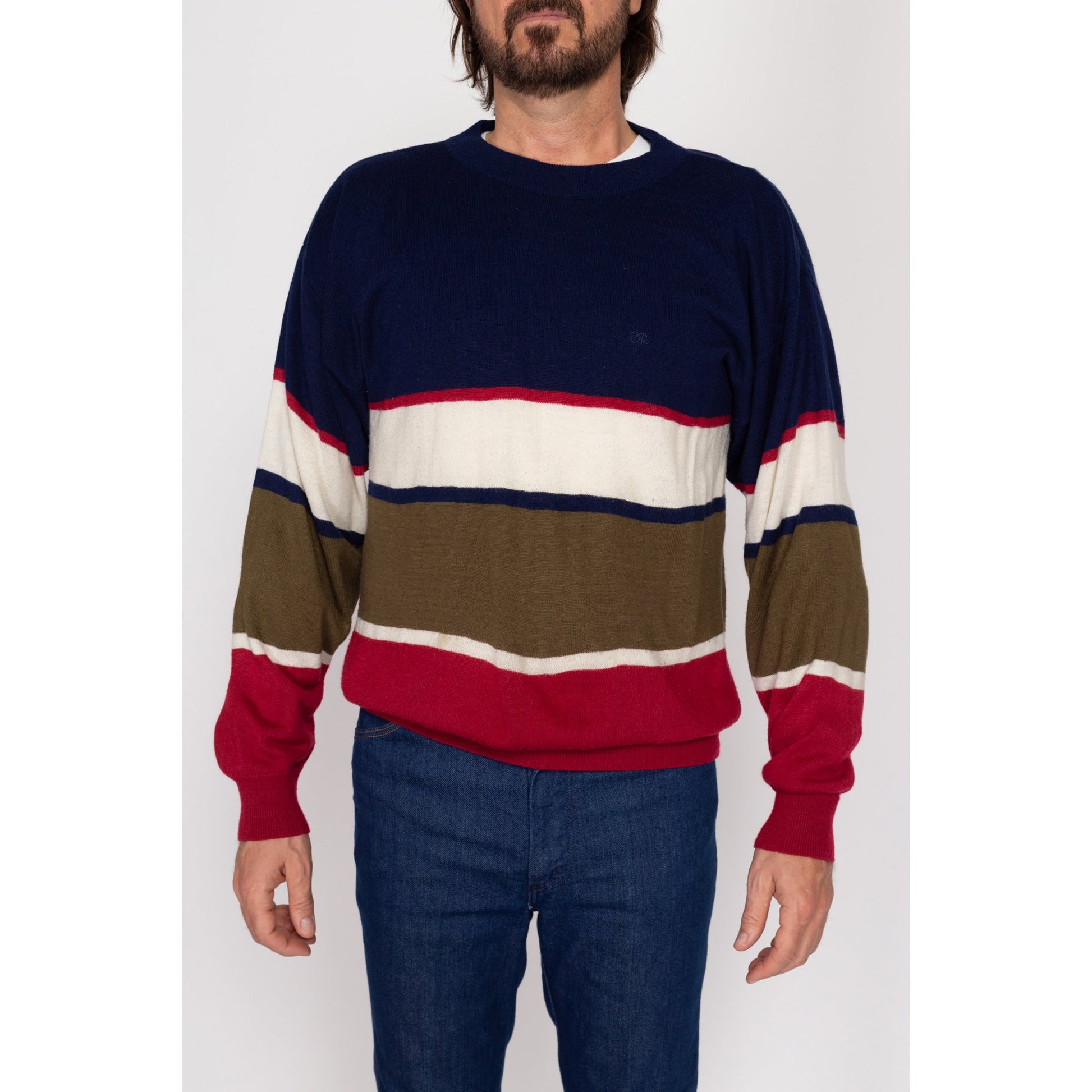Large 80s Oscar De La Renta Striped Sweater | Vintage Navy Blue Slouchy Knit Pullover Jumper