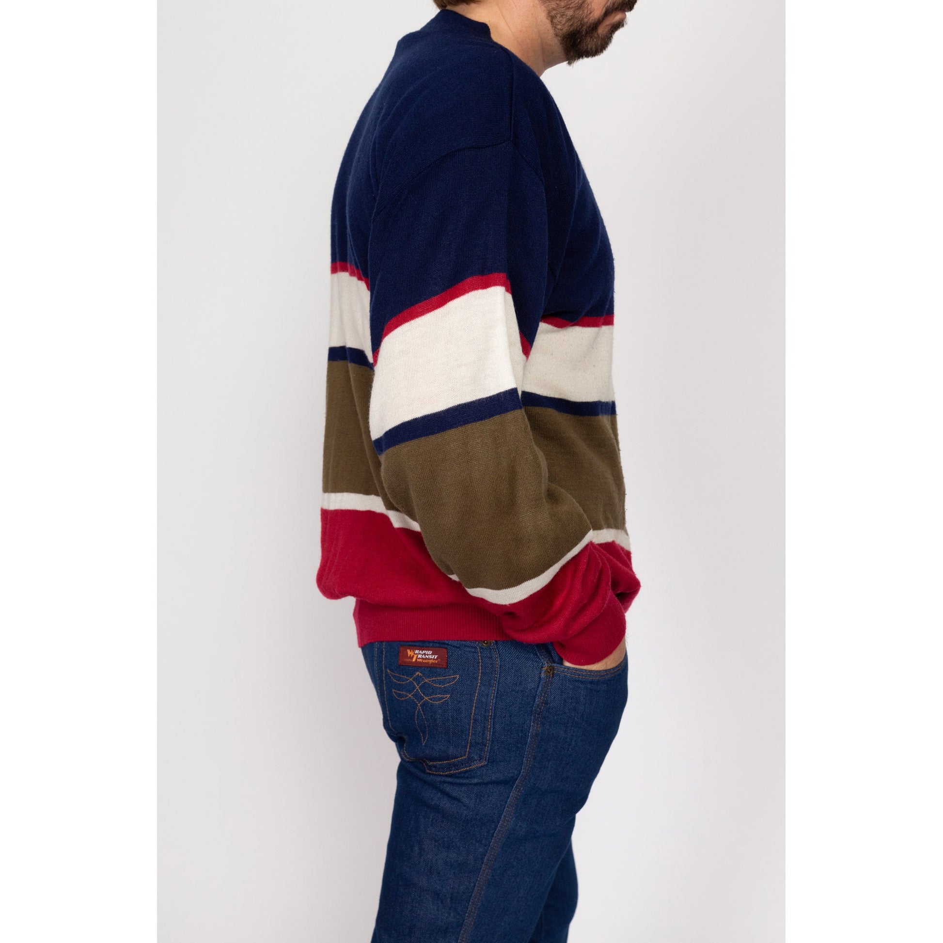 Large 80s Oscar De La Renta Striped Sweater | Vintage Navy Blue Slouchy Knit Pullover Jumper