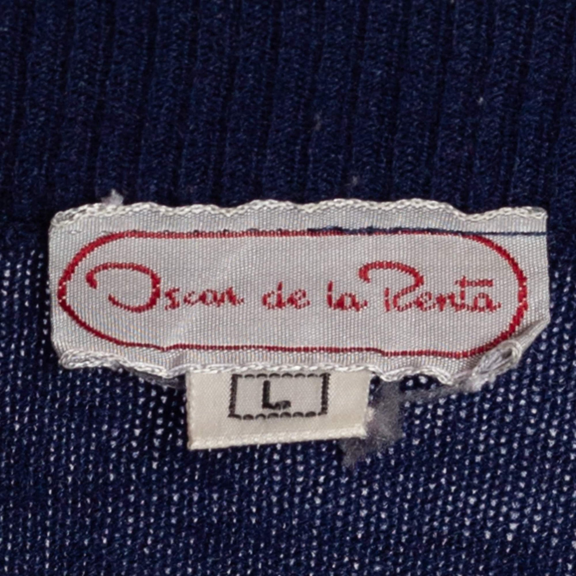 Large 80s Oscar De La Renta Striped Sweater | Vintage Navy Blue Slouchy Knit Pullover Jumper