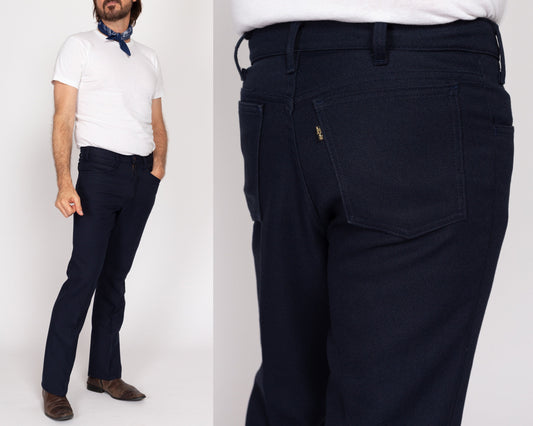 32x31 70s Levi's Navy Blue Trousers | Retro Vintage Straight Leg Polyester Pants