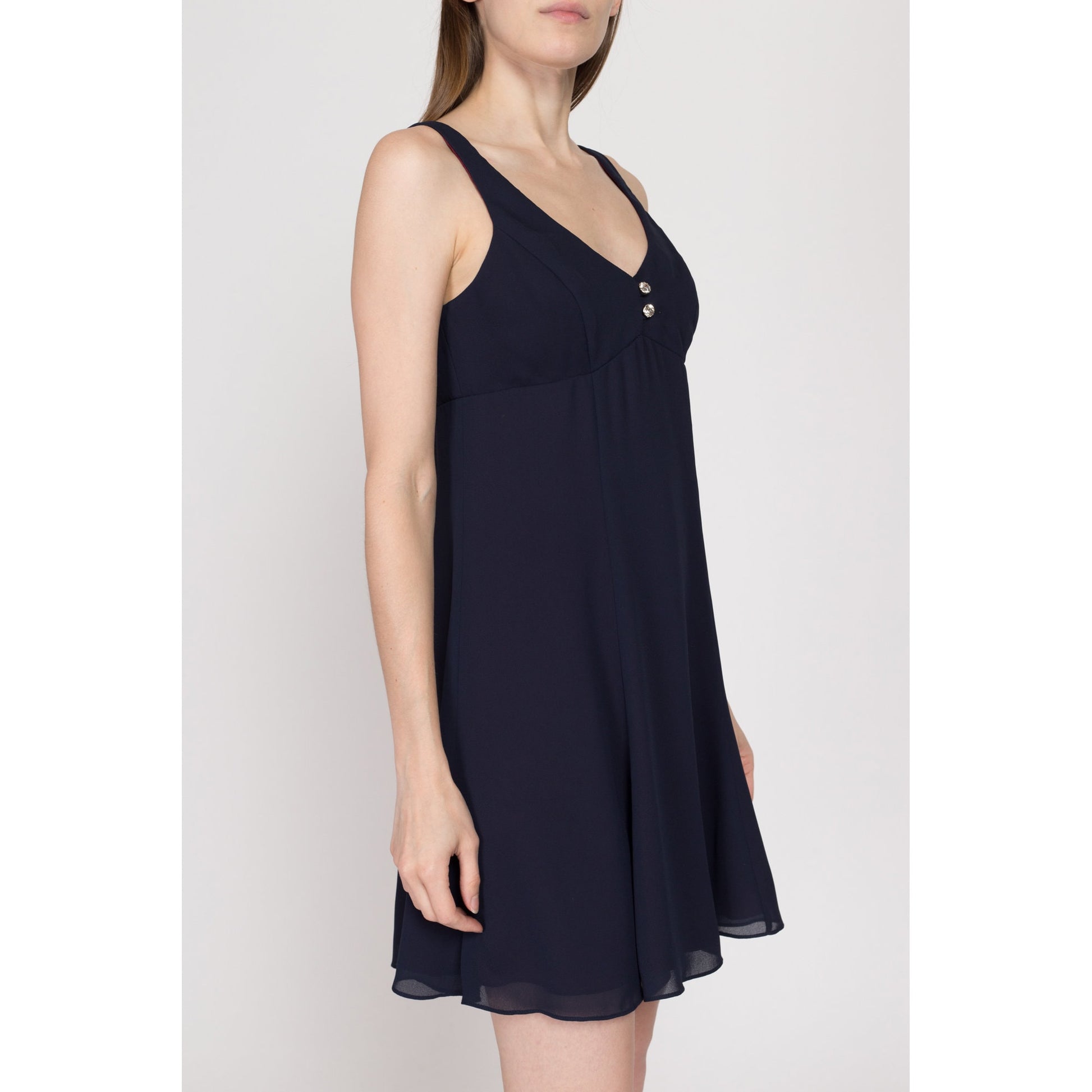 Small 90s Navy Blue Mini Babydoll Party Dress | Vintage Sleeveless A Line Flowy Cocktail Dress