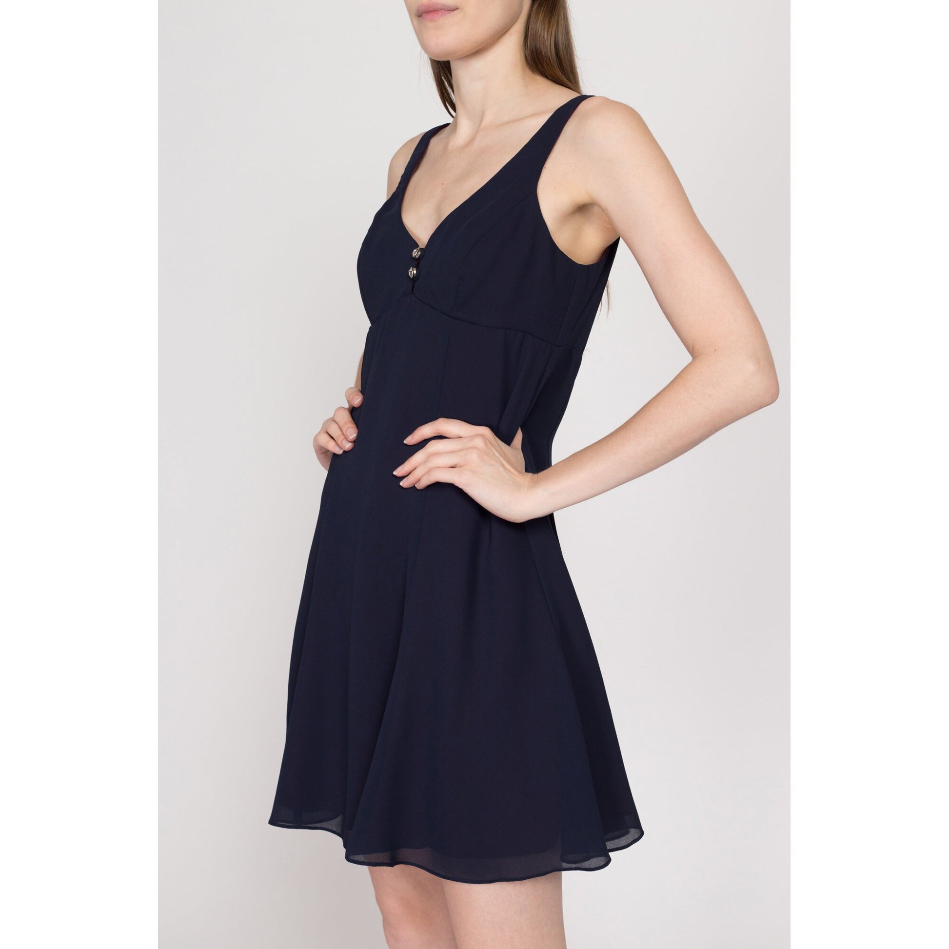 Small 90s Navy Blue Mini Babydoll Party Dress | Vintage Sleeveless A Line Flowy Cocktail Dress