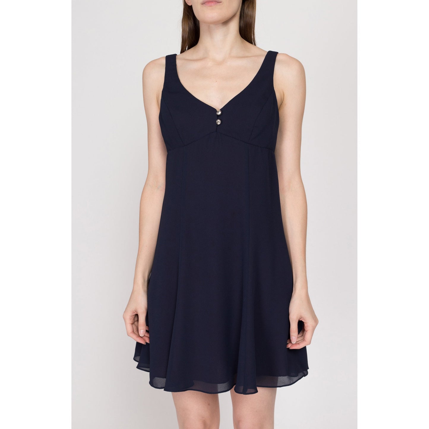 Small 90s Navy Blue Mini Babydoll Party Dress | Vintage Sleeveless A Line Flowy Cocktail Dress