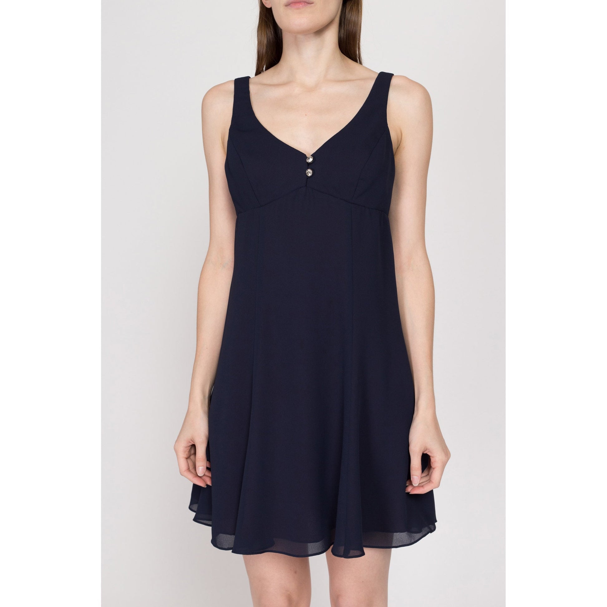 Small 90s Navy Blue Mini Babydoll Party Dress | Vintage Sleeveless A Line Flowy Cocktail Dress