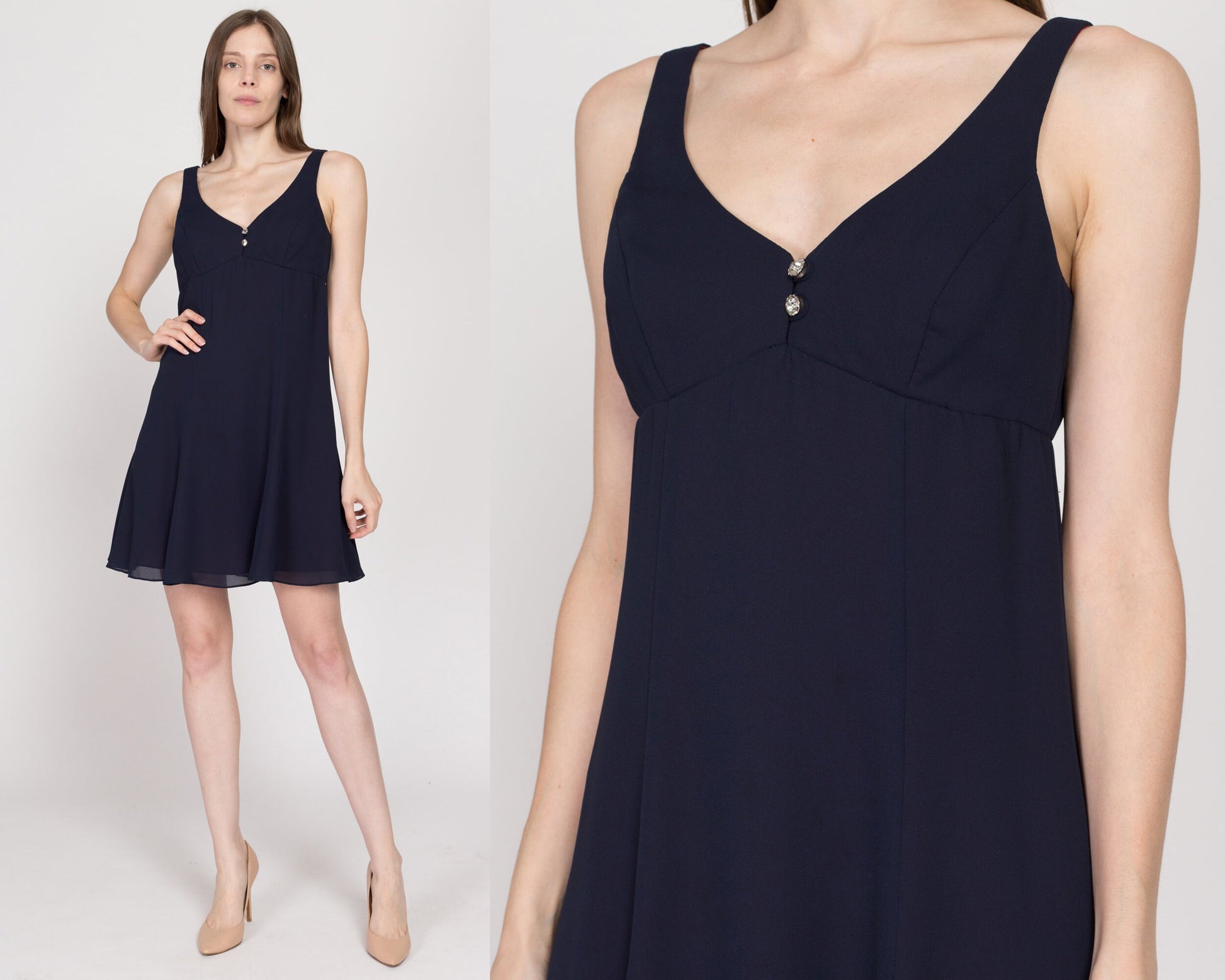 Small 90s Navy Blue Mini Babydoll Party Dress | Vintage Sleeveless A Line Flowy Cocktail Dress