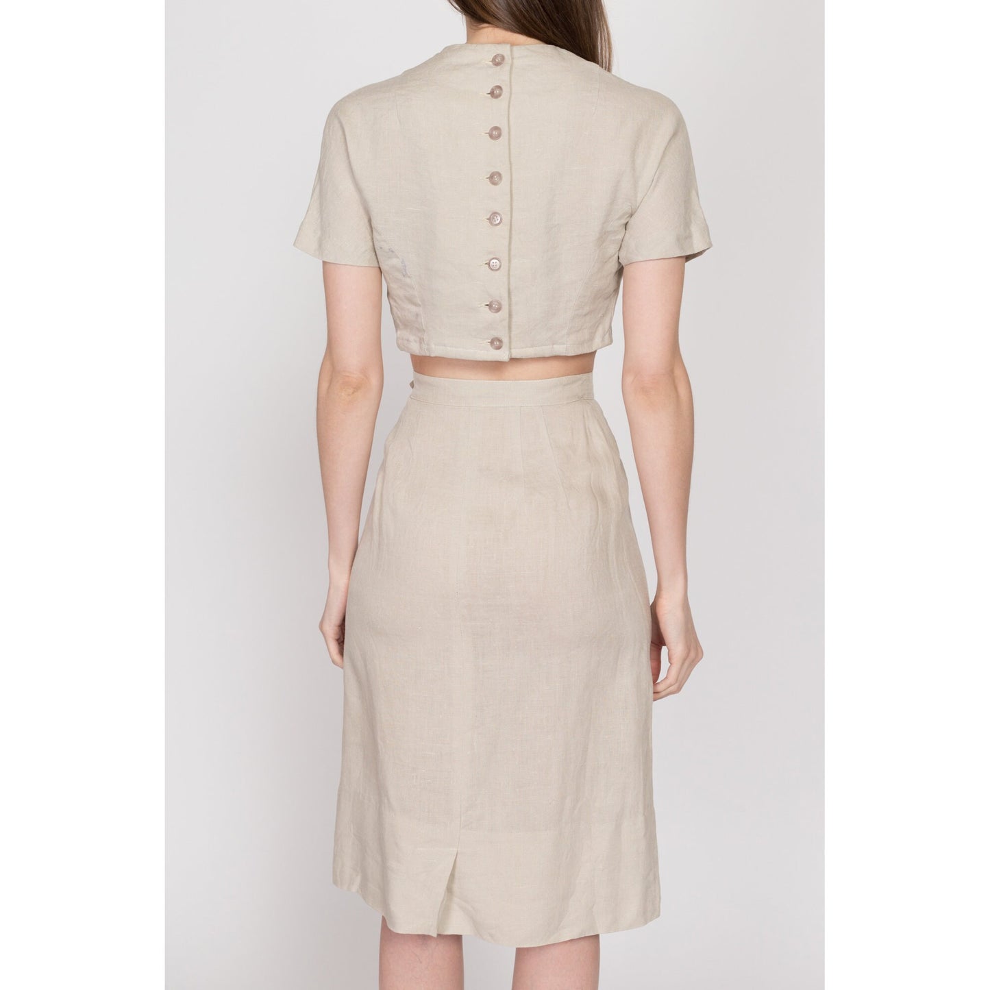 XS 60s Oatmeal Linen Crop Top & Midi Skirt Set | Vintage Short Sleeve Button Back Two Piece Matching Outfit