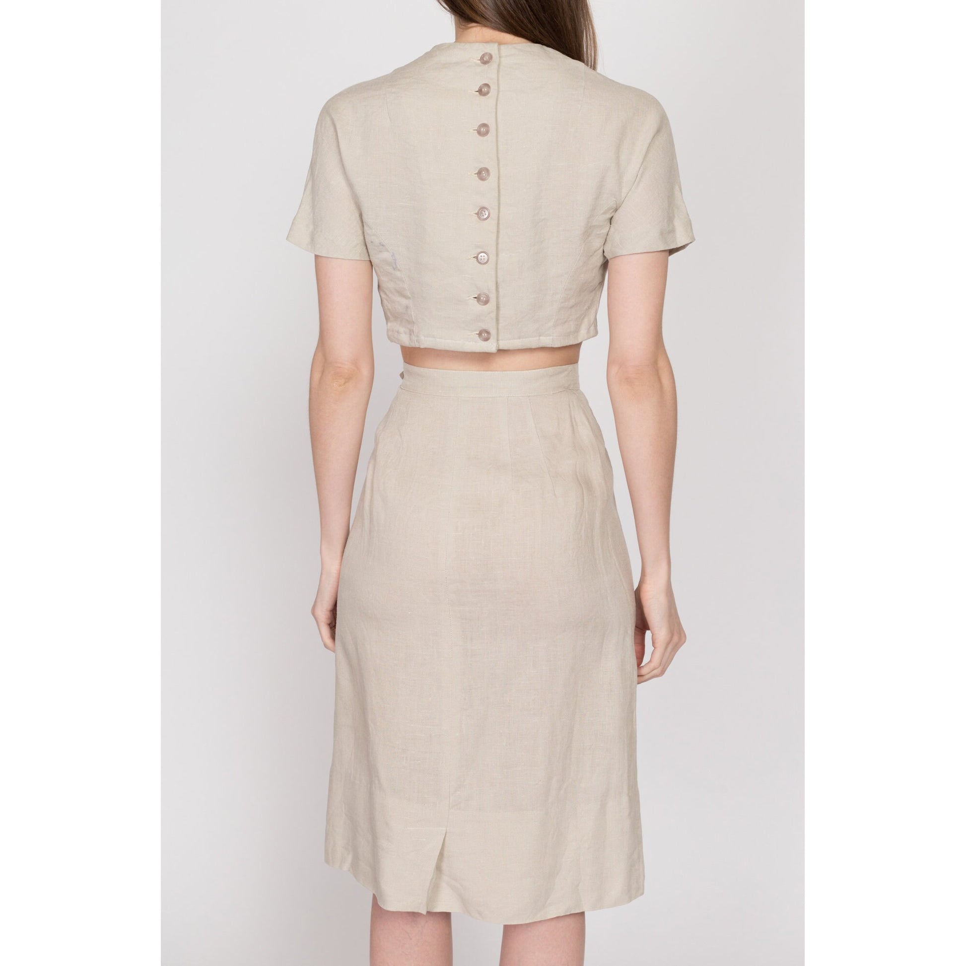 XS 60s Oatmeal Linen Crop Top & Midi Skirt Set | Vintage Short Sleeve Button Back Two Piece Matching Outfit