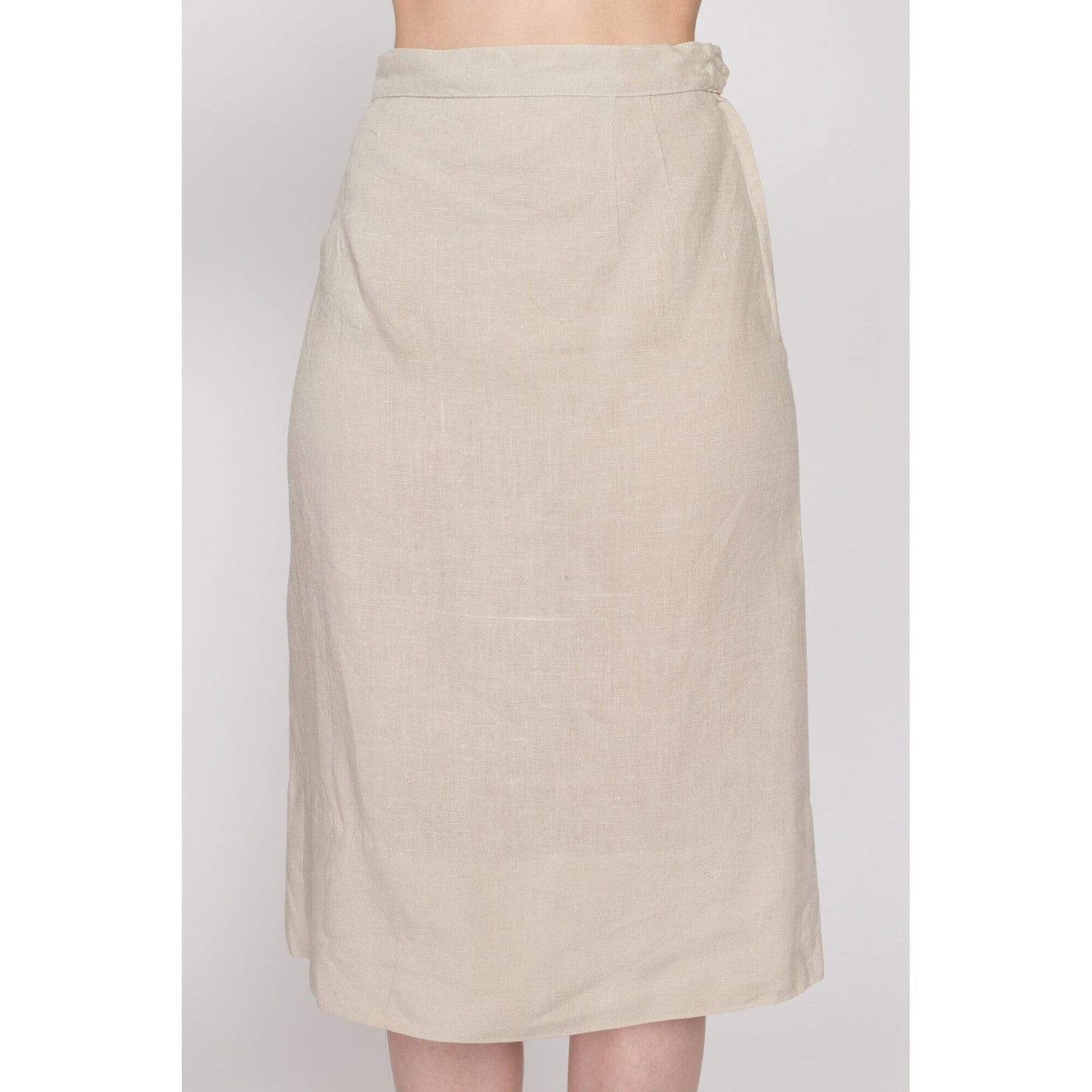 XS 60s Oatmeal Linen Crop Top & Midi Skirt Set | Vintage Short Sleeve Button Back Two Piece Matching Outfit