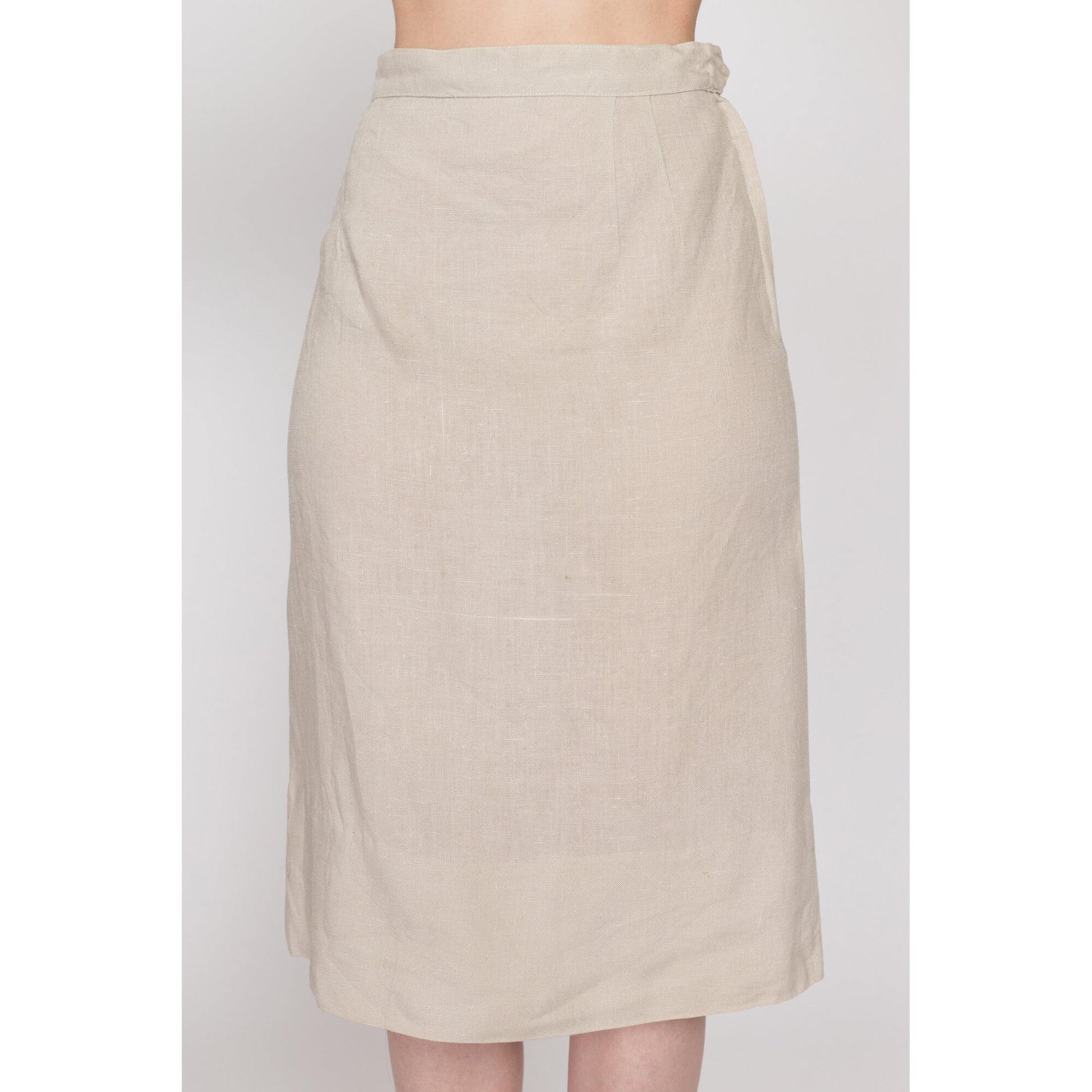 XS 60s Oatmeal Linen Crop Top & Midi Skirt Set | Vintage Short Sleeve Button Back Two Piece Matching Outfit
