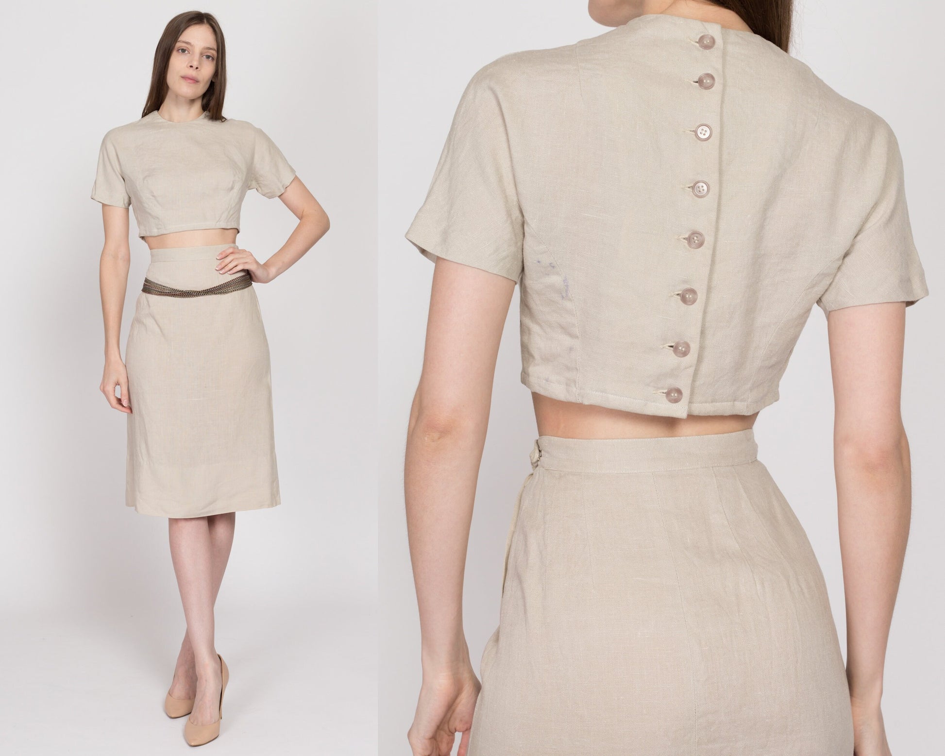 XS 60s Oatmeal Linen Crop Top & Midi Skirt Set | Vintage Short Sleeve Button Back Two Piece Matching Outfit