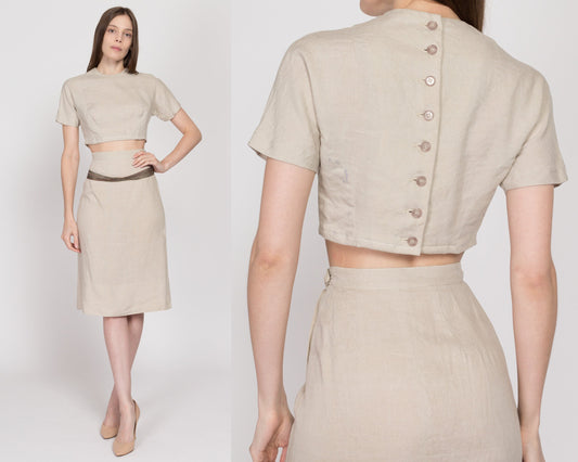 XS 60s Oatmeal Linen Crop Top & Midi Skirt Set | Vintage Short Sleeve Button Back Two Piece Matching Outfit
