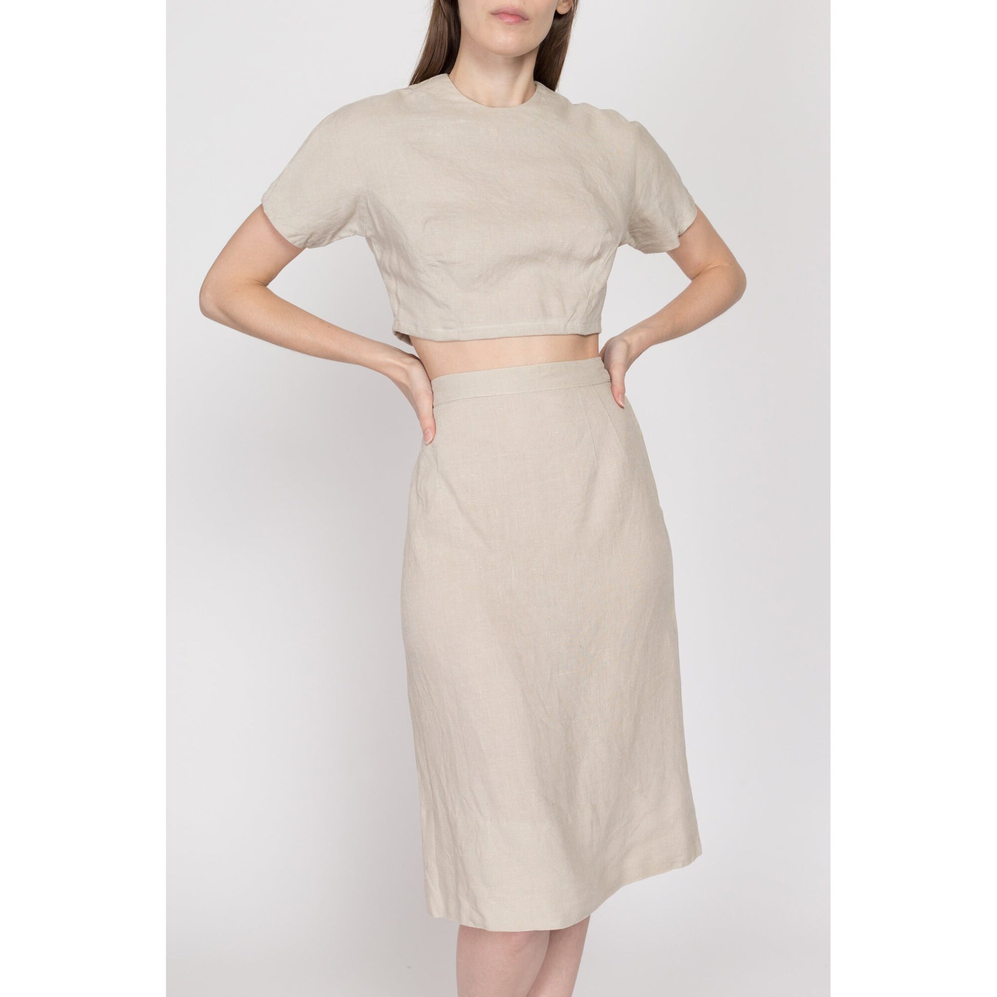XS 60s Oatmeal Linen Crop Top & Midi Skirt Set | Vintage Short Sleeve Button Back Two Piece Matching Outfit