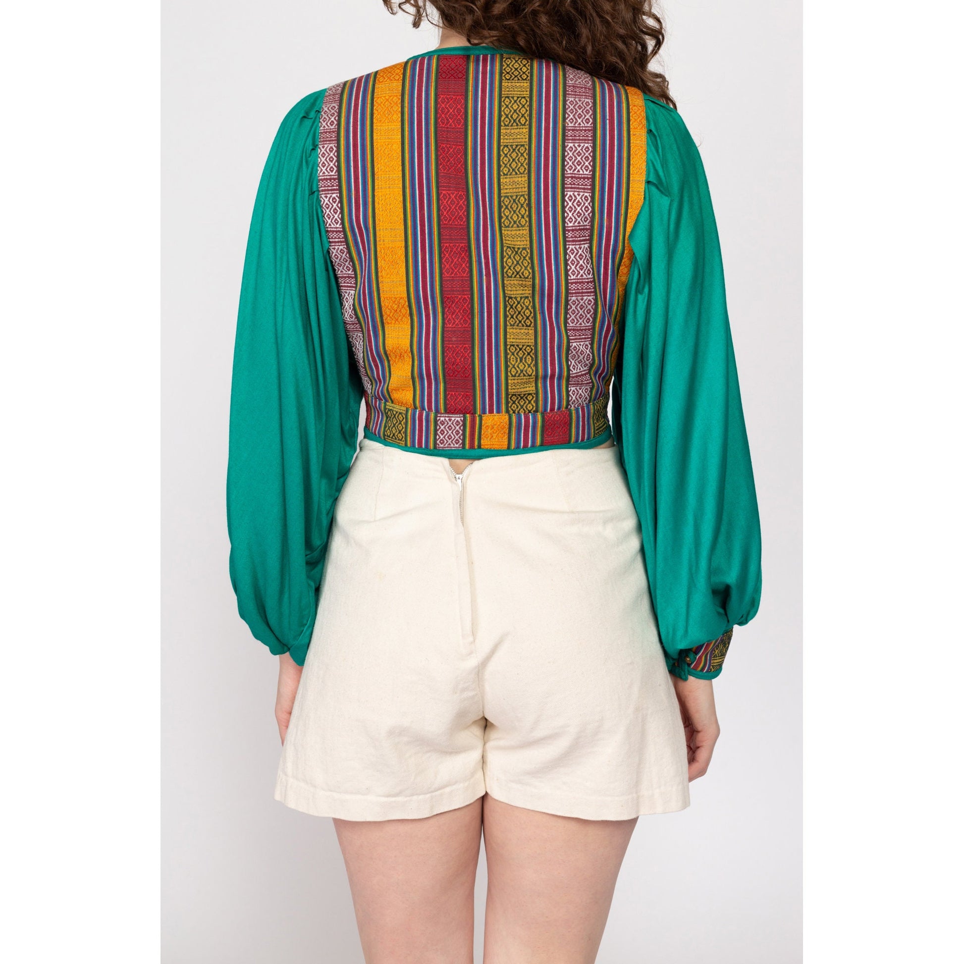 Medium 70s Teal Green Balloon Sleeve Folk Blouse | Boho Vintage Embroidered Striped Peasant Wrap Crop Top