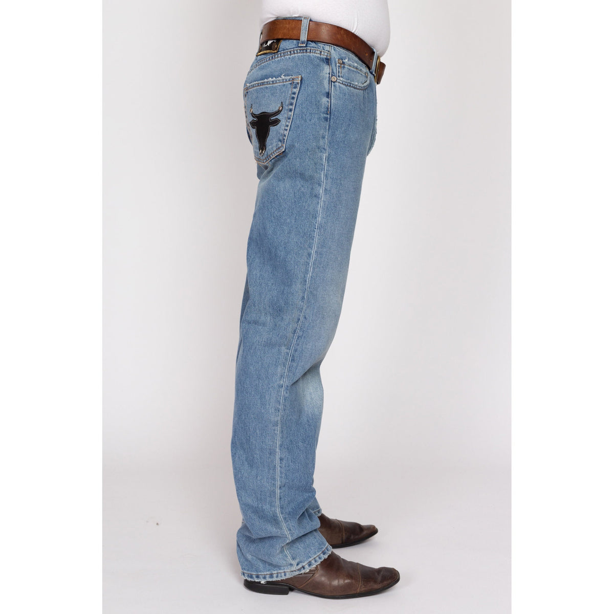 Vintage Y2K Leather Bull Patch Jeans - 34x34 | Light Wash Denim Western Jeans
