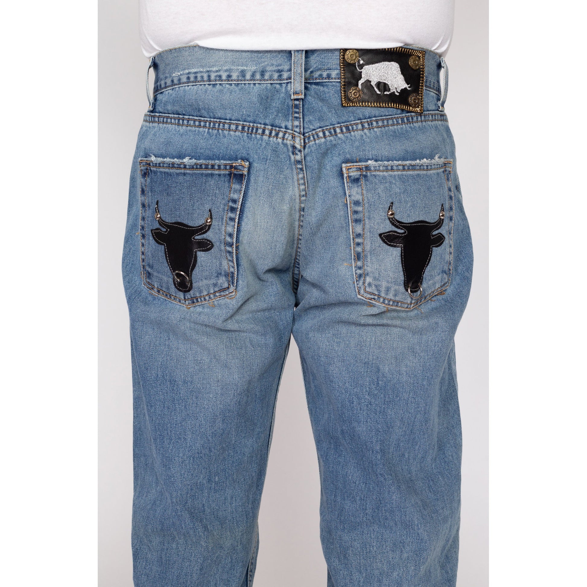 34x34 Y2K Leather Bull Patch Jeans | Vintage Light Wash Denim Western Jeans