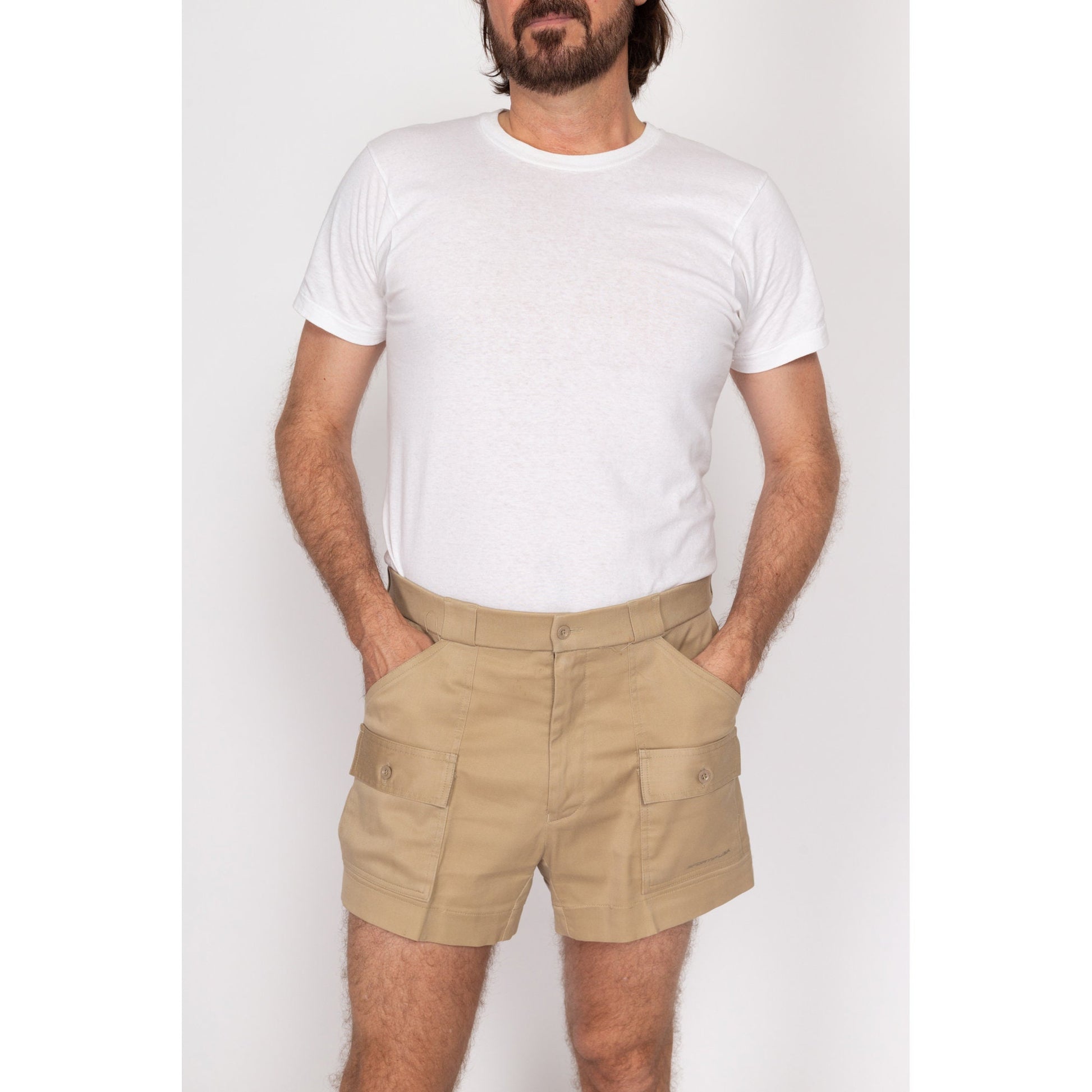 36" Waist 80s Sportif Khaki Cargo Shorts | Vintage Mini Utility Shorts