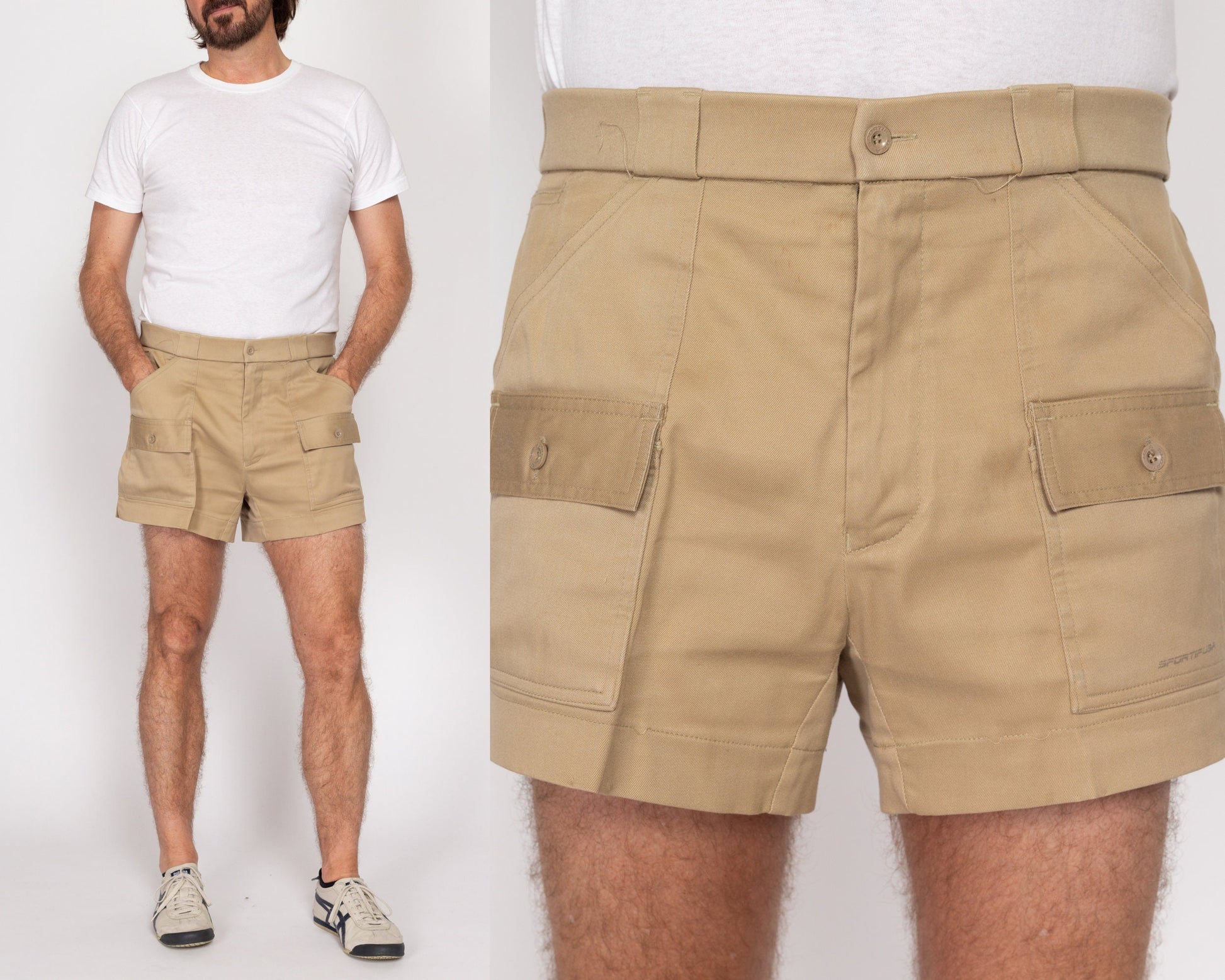 36" Waist 80s Sportif Khaki Cargo Shorts | Vintage Mini Utility Shorts