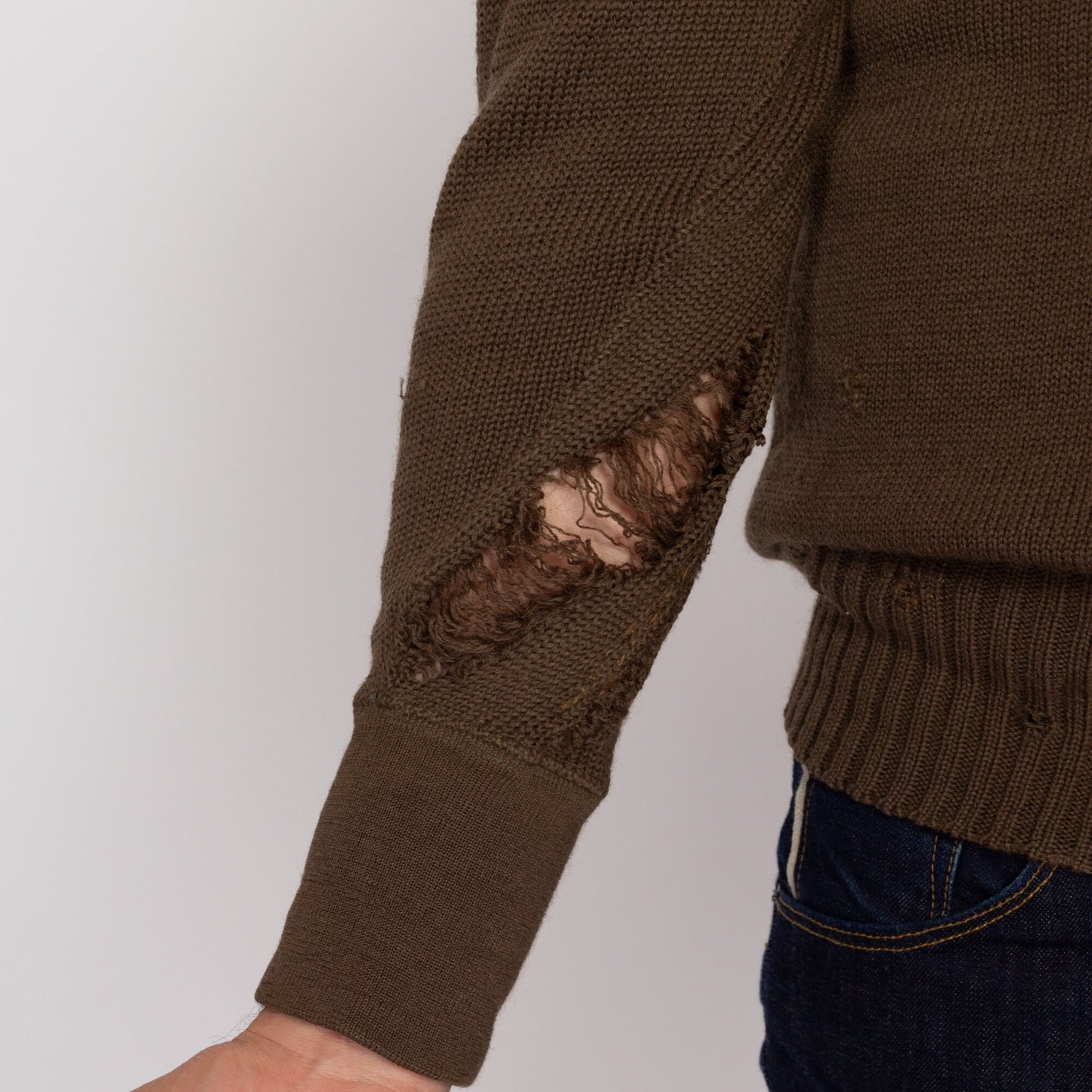 Large 70s Olive Wool Distressed Military Henley Sweater | Vintage US Army Long Sleeve Fitted Pullover