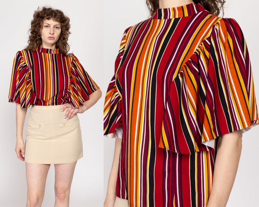 2X 90s Y2K Red Striped Flutter Sleeve Top | Boho Vintage Stretchy Mockneck Shirt