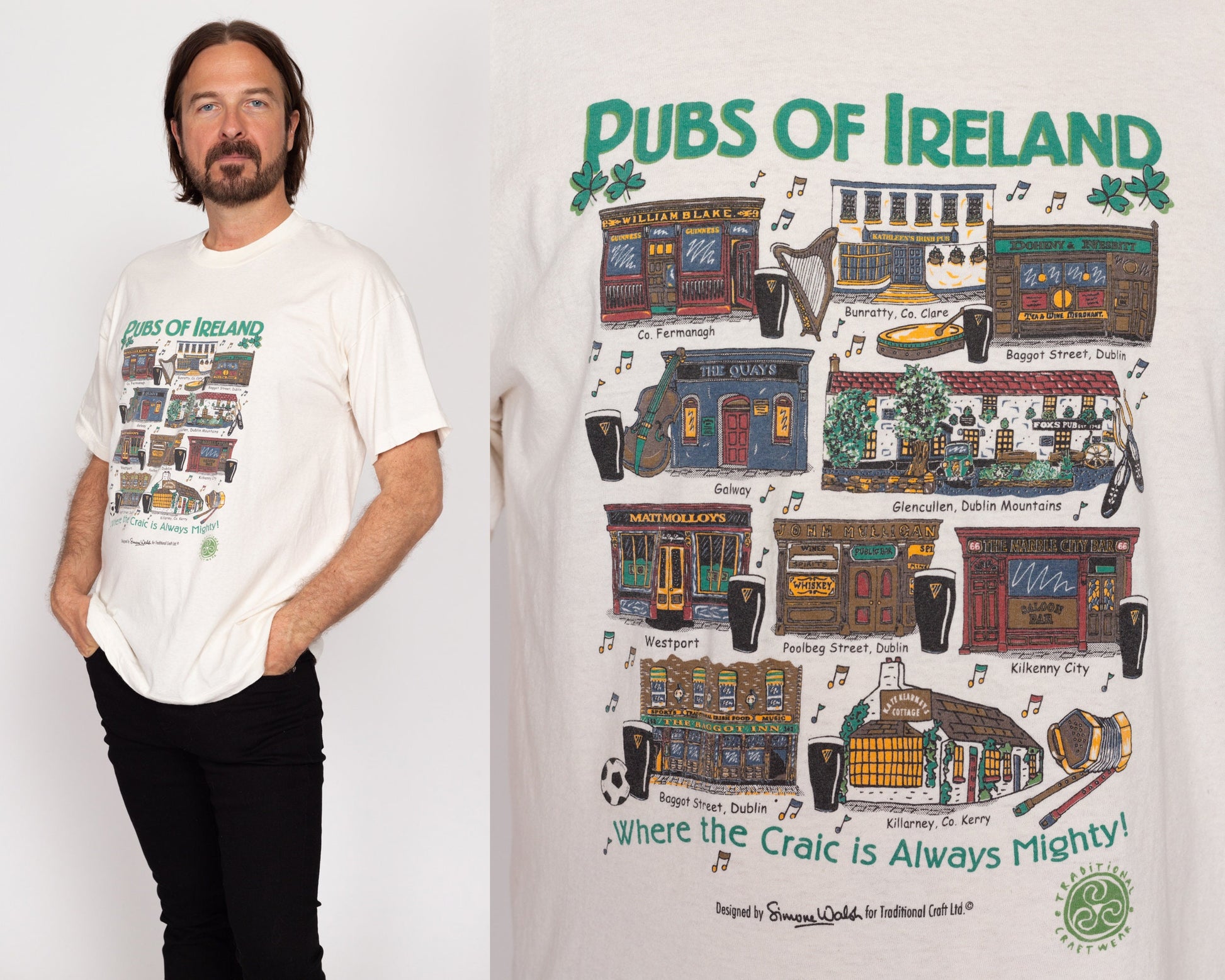 XL 90s Pubs Of Ireland T Shirt | Vintage White Irish Art Print Tourist Tee
