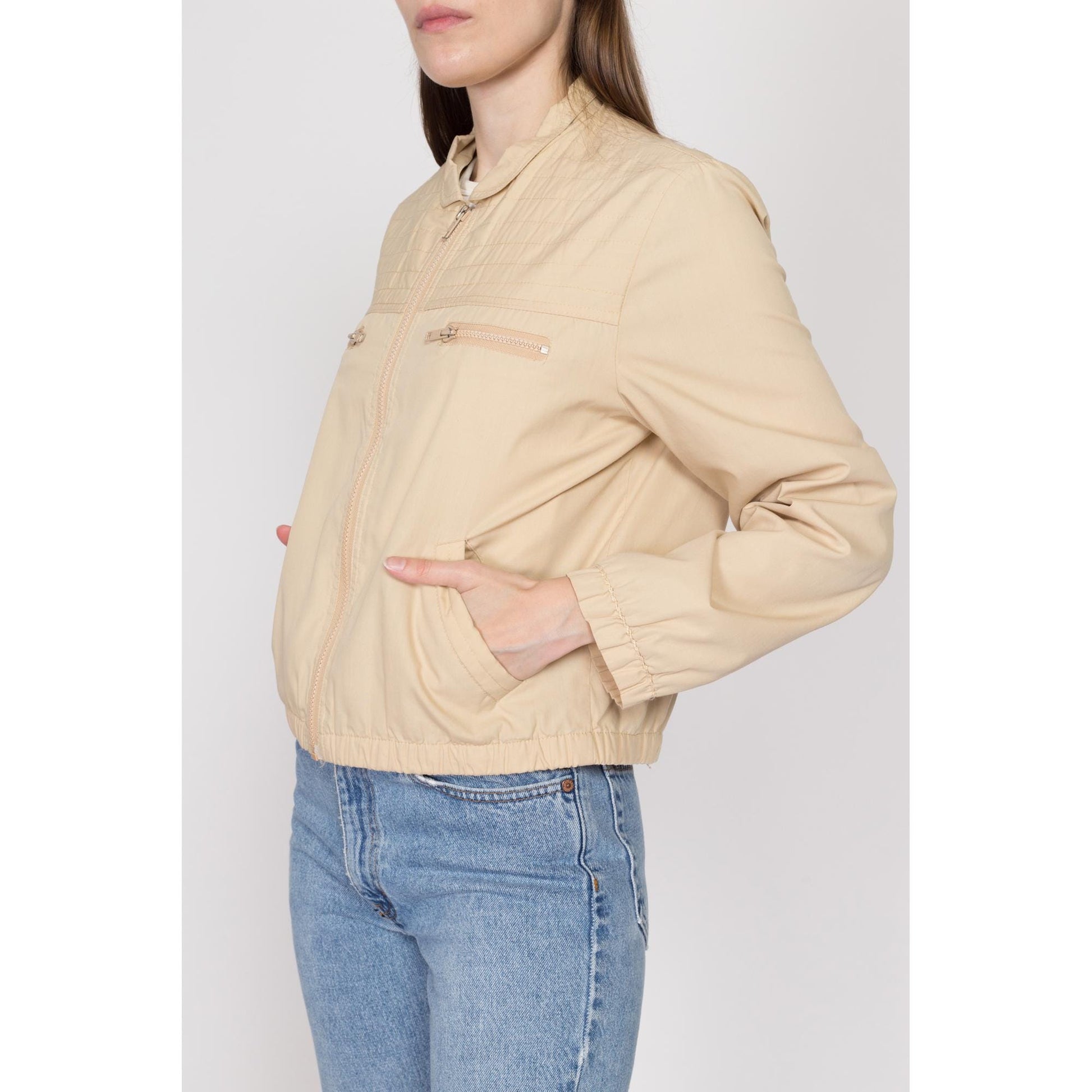 Large 80s Khaki Windbreaker Jacket | Vintage Lightweight Zip Up Minimalist Jacket