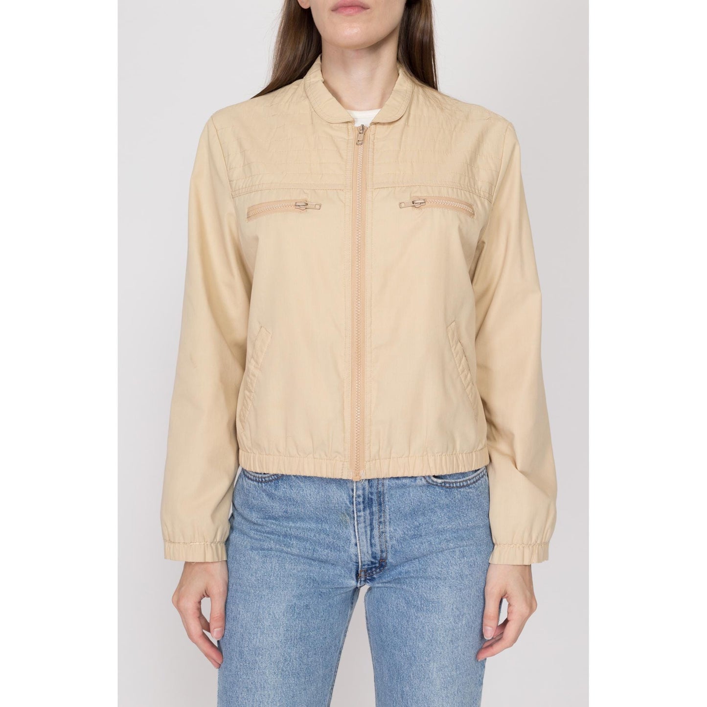 Large 80s Khaki Windbreaker Jacket | Vintage Lightweight Zip Up Minimalist Jacket