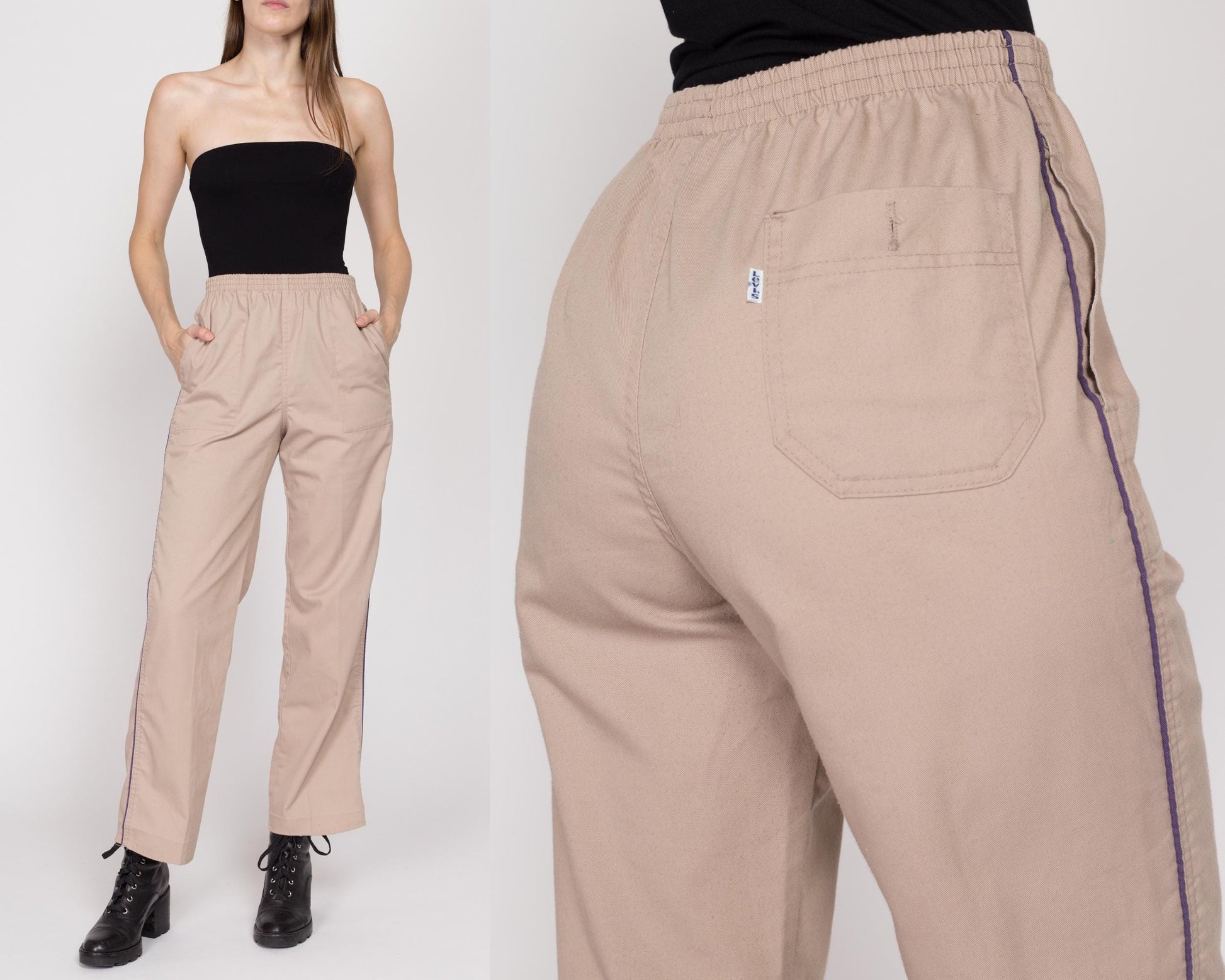 Sm-Med 80s Levi's Athletic Pants | Vintage 1984 Olympics Levis Tan Elastic Waist Casual Trousers