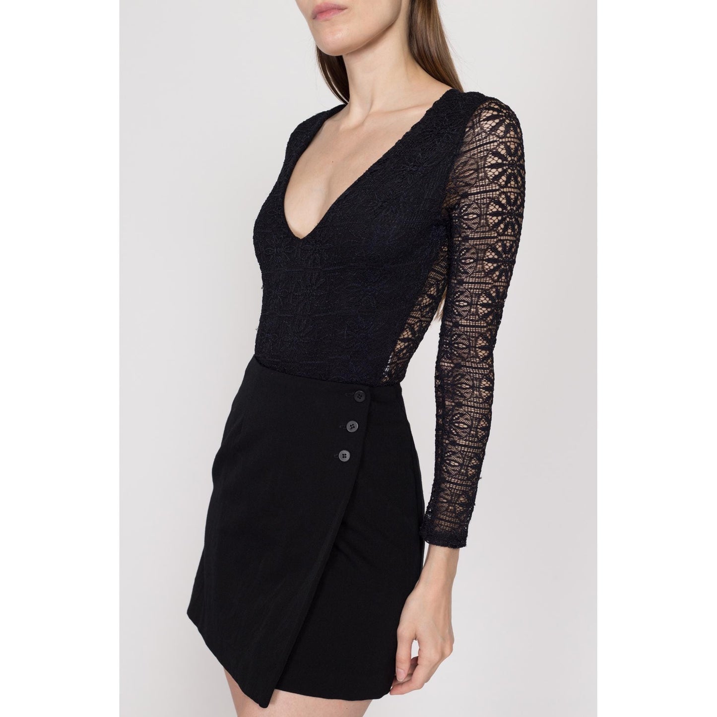 XS-Sm 90s Black Lace Bodysuit Top | Vintage Gothic V Neck Long Sleeve One Piece