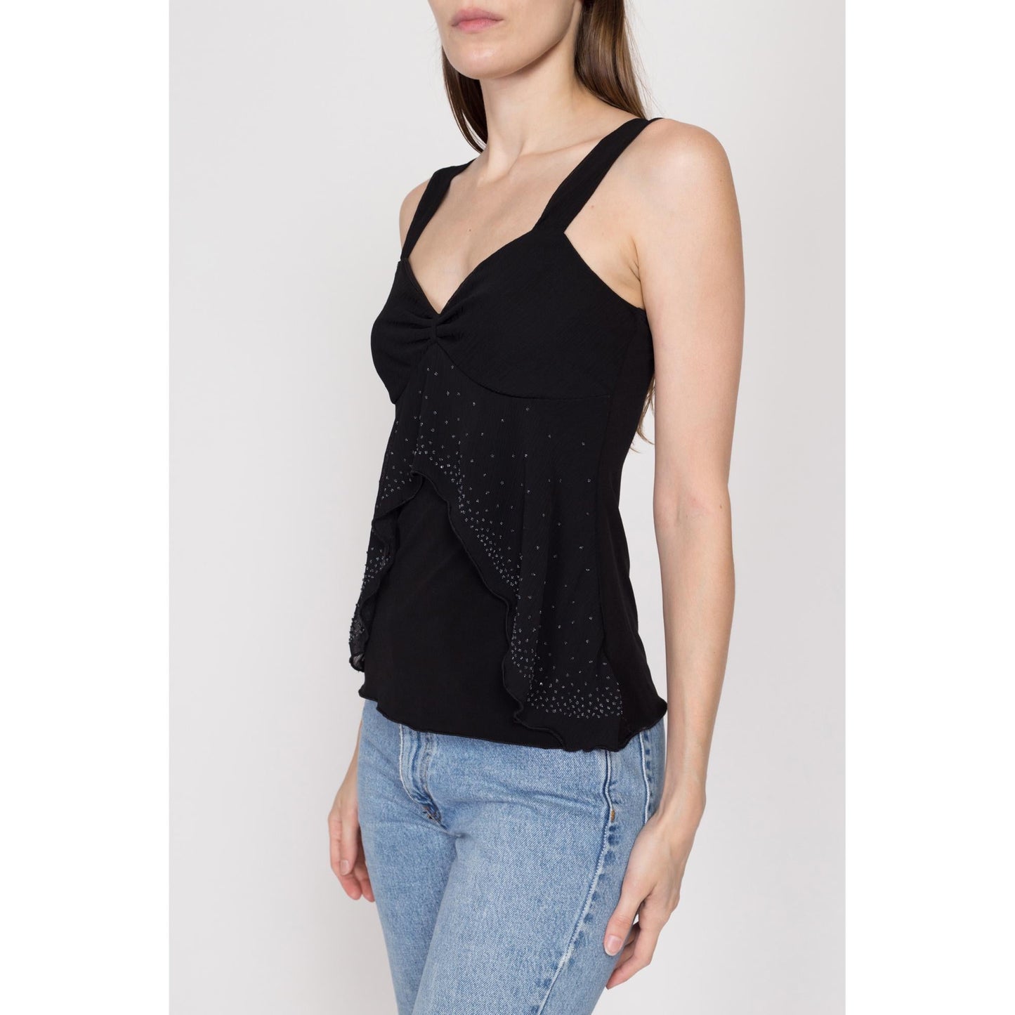 Small 90s Black Beaded Split Hem Top | Vintage Sleeveless Sheer Overlay Club Blouse
