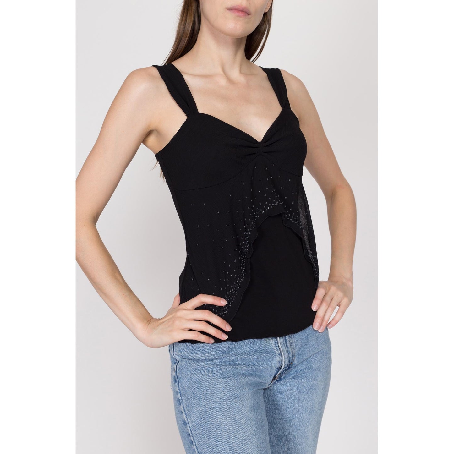 Small 90s Black Beaded Split Hem Top | Vintage Sleeveless Sheer Overlay Club Blouse