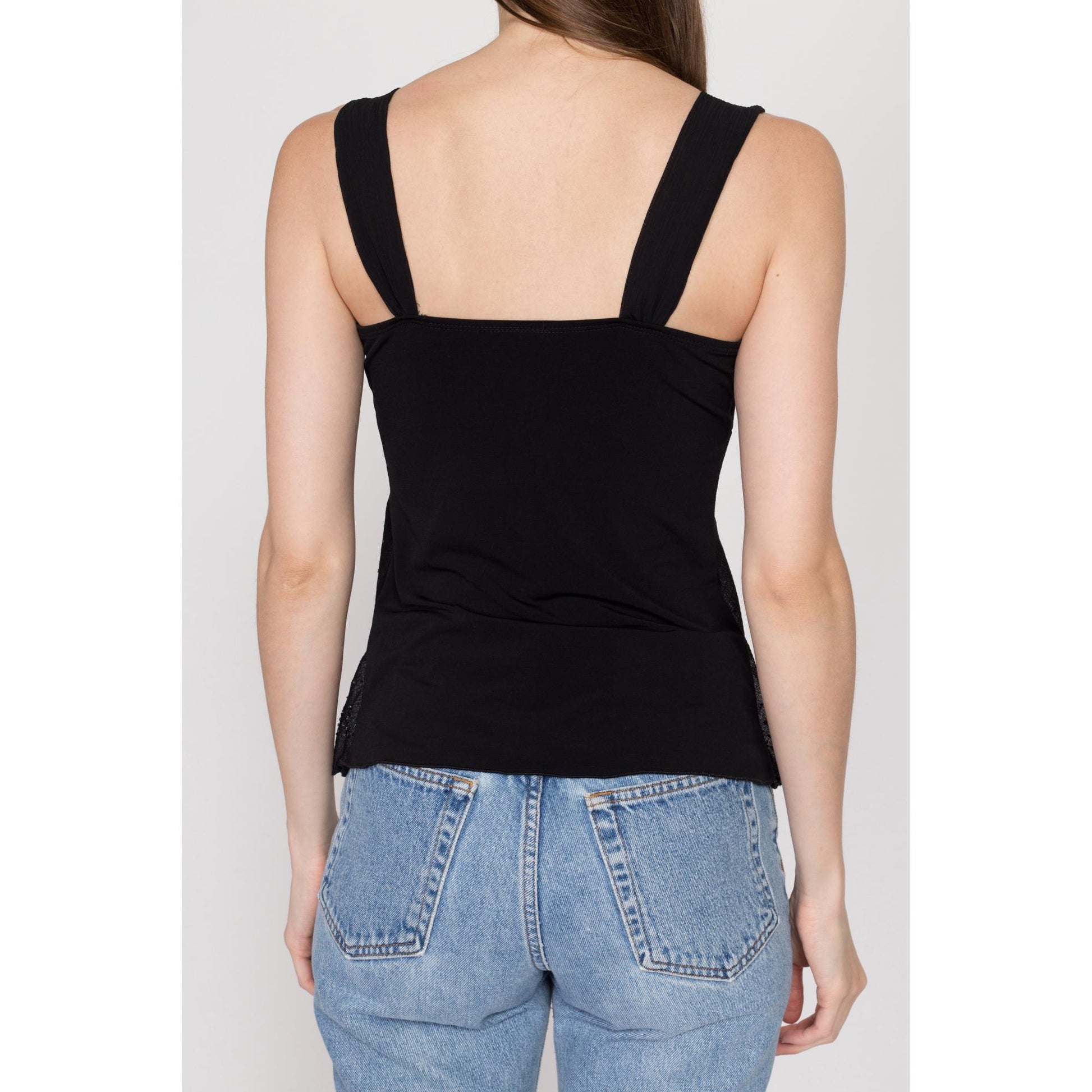 Small 90s Black Beaded Split Hem Top | Vintage Sleeveless Sheer Overlay Club Blouse