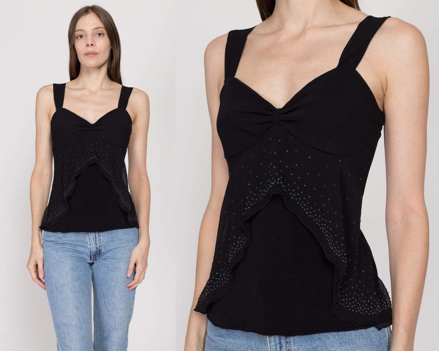 Small 90s Black Beaded Split Hem Top | Vintage Sleeveless Sheer Overlay Club Blouse