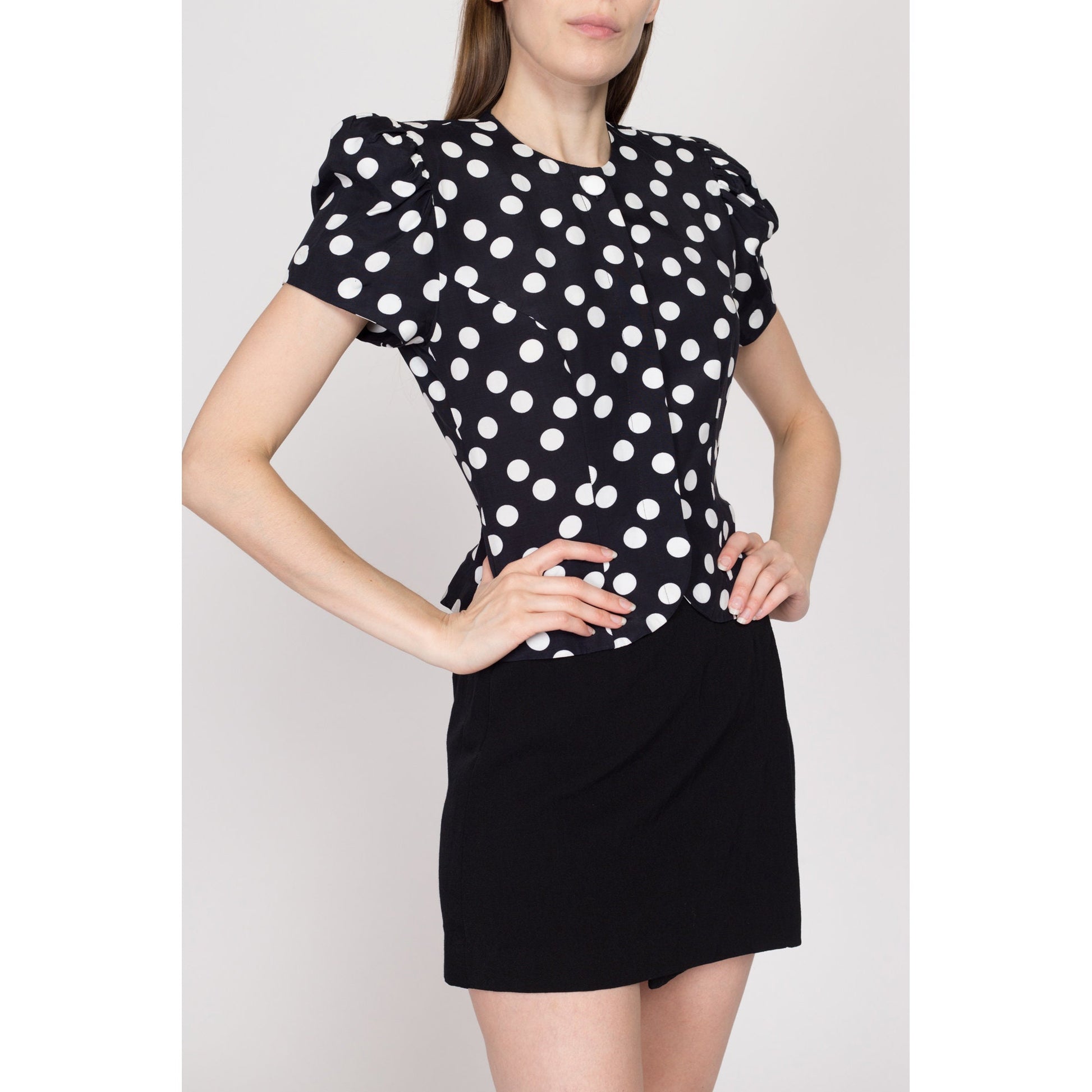 XS 80s Black & White Polka Dot Puff Sleeve Blouse | Vintage Maggy London Button Up Secretary Top