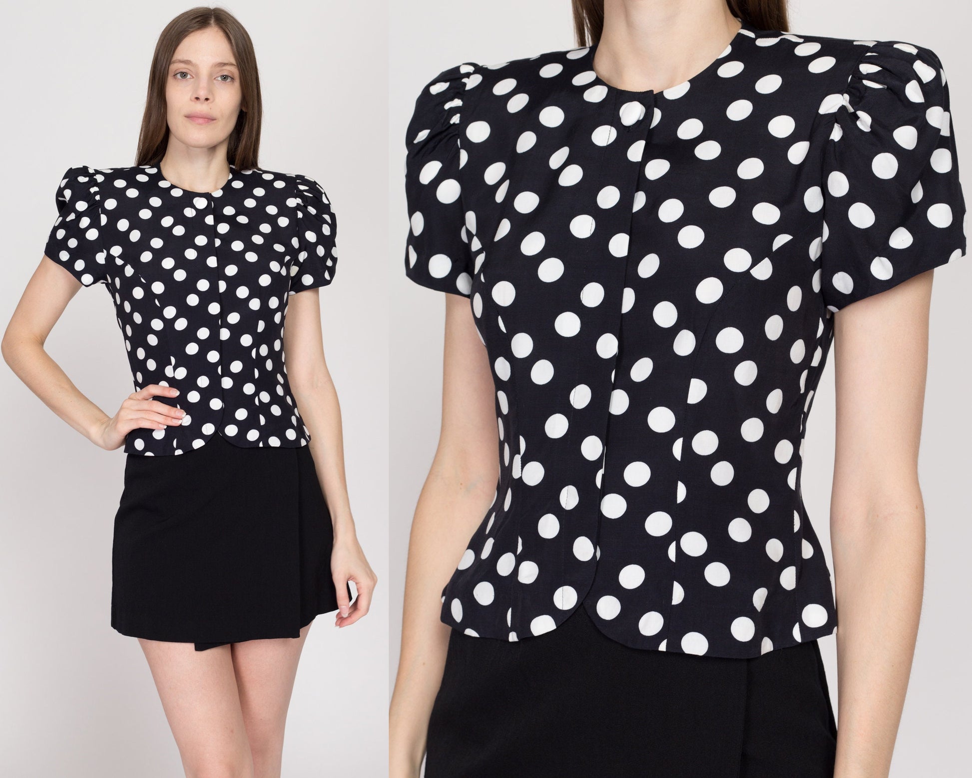 XS 80s Black & White Polka Dot Puff Sleeve Blouse | Vintage Maggy London Button Up Secretary Top