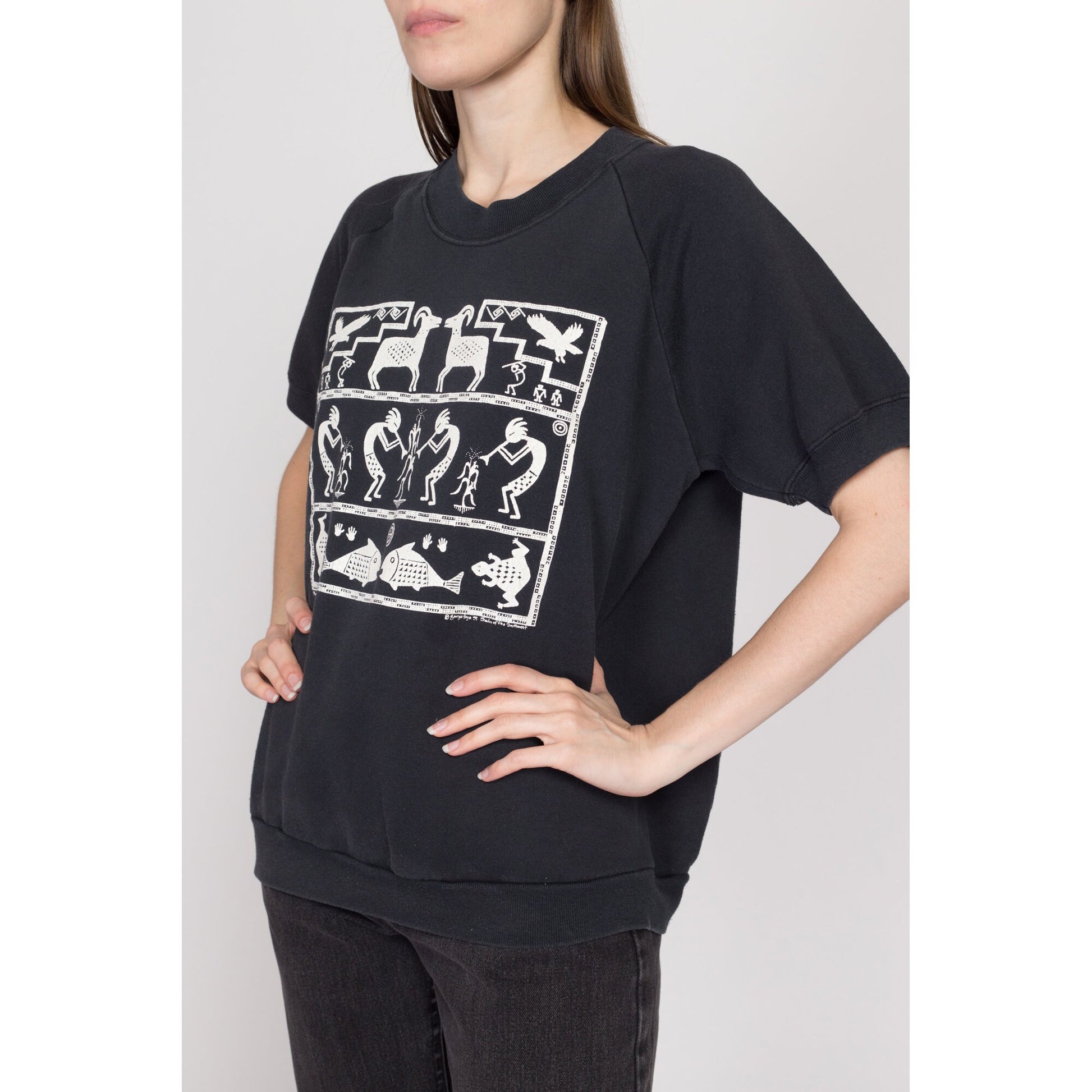 XL 90s Kokopelli Black Short Sleeve Sweatshirt | Vintage Art Print Raglan Crewneck