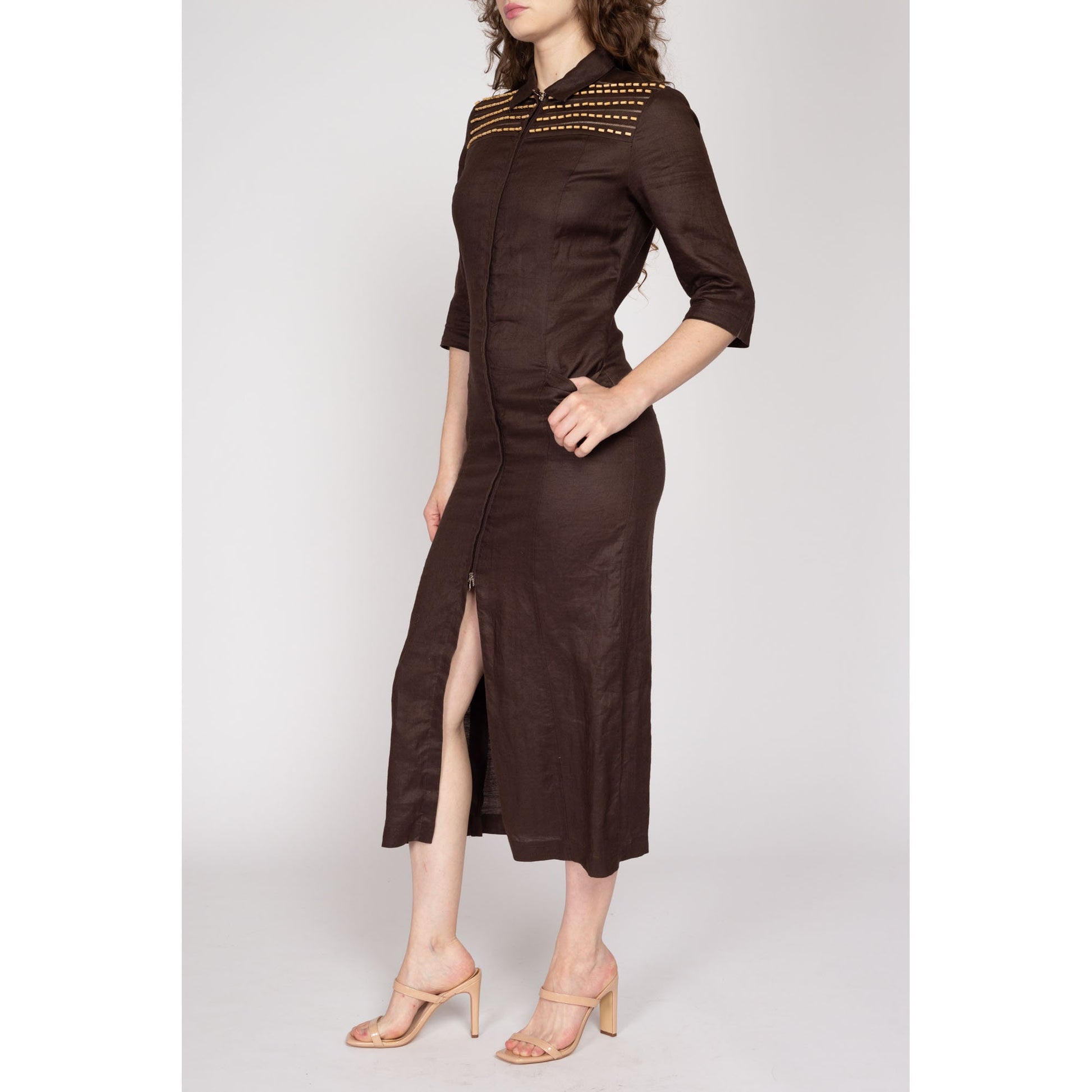 Small 90s Chocolate Brown Linen Beaded Zip Front Shirtdress – Flying Apple Vintage Small 90s Chocolate Brown Linen Beaded Zip Front Shirtdress – Flying Apple Vintage