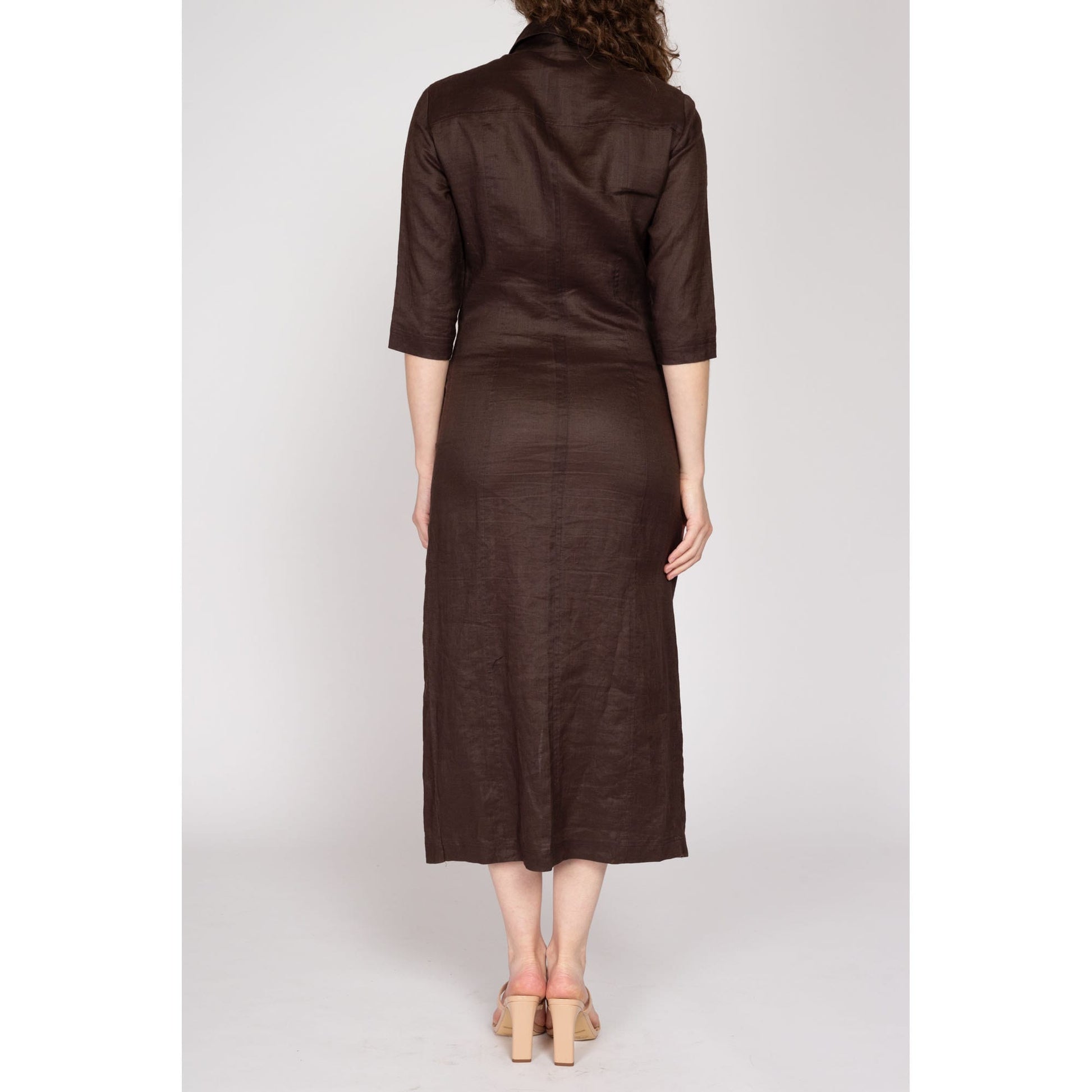 Small 90s Chocolate Brown Linen Beaded Zip Front Shirtdress Small 90s Chocolate Brown Linen Beaded Zip Front Shirtdress