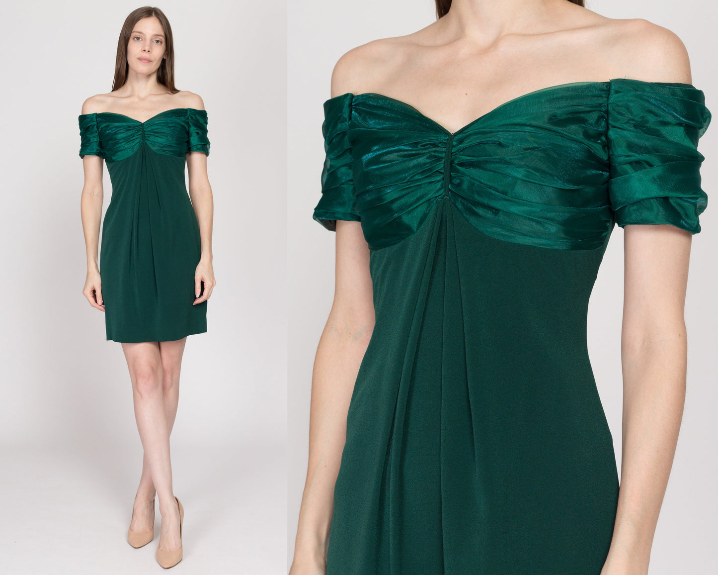 XS 90s Emerald Green Off-Shoulder Party Dress | Vintage Janell Berté Formal Mini Cocktail Dress