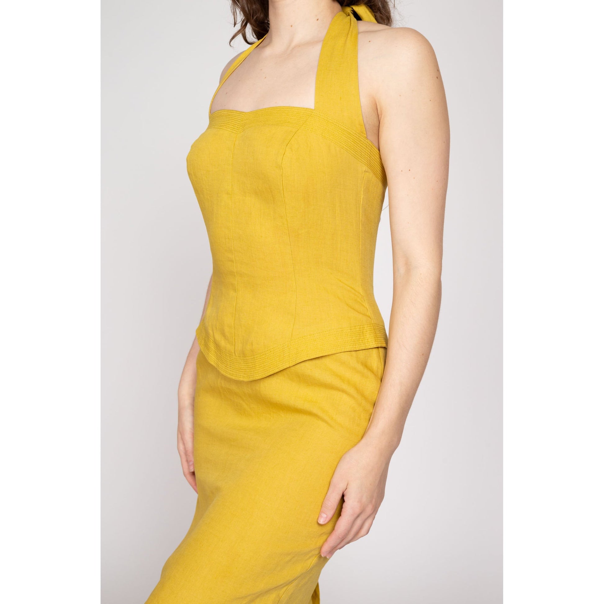 Small 90s Mustard Yellow Linen Halter Dress | Vintage Fitted Cocktail Party Mini Dress