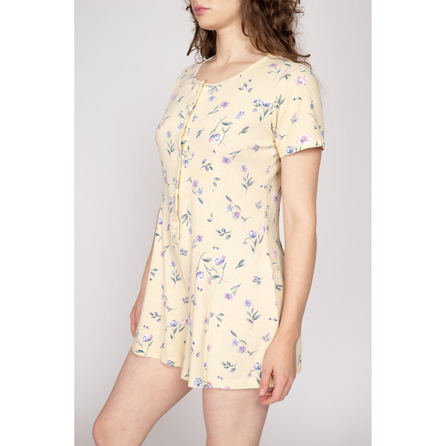 Petite Medium 90s Yellow Floral Flutter Sleeve Romper | Vintage Boho Grunge Short Sleeve Mini Playsuit