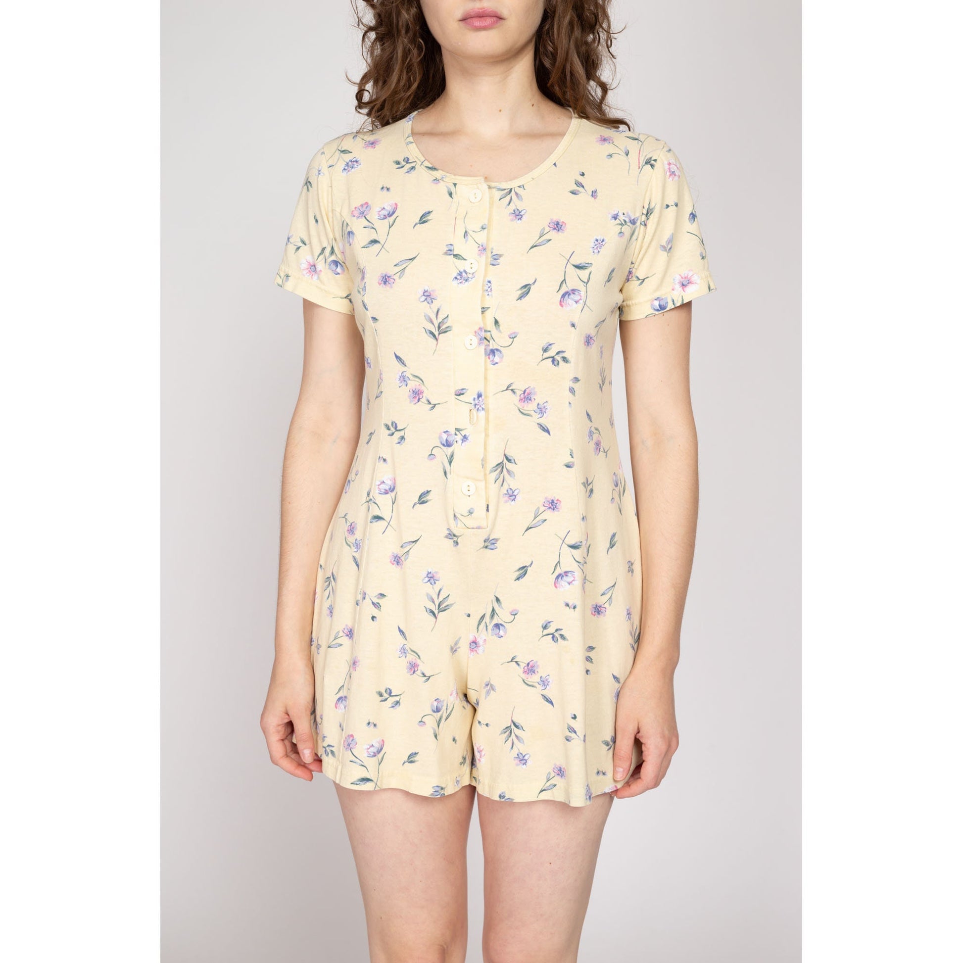 Petite Medium 90s Yellow Floral Flutter Sleeve Romper | Vintage Boho Grunge Short Sleeve Mini Playsuit