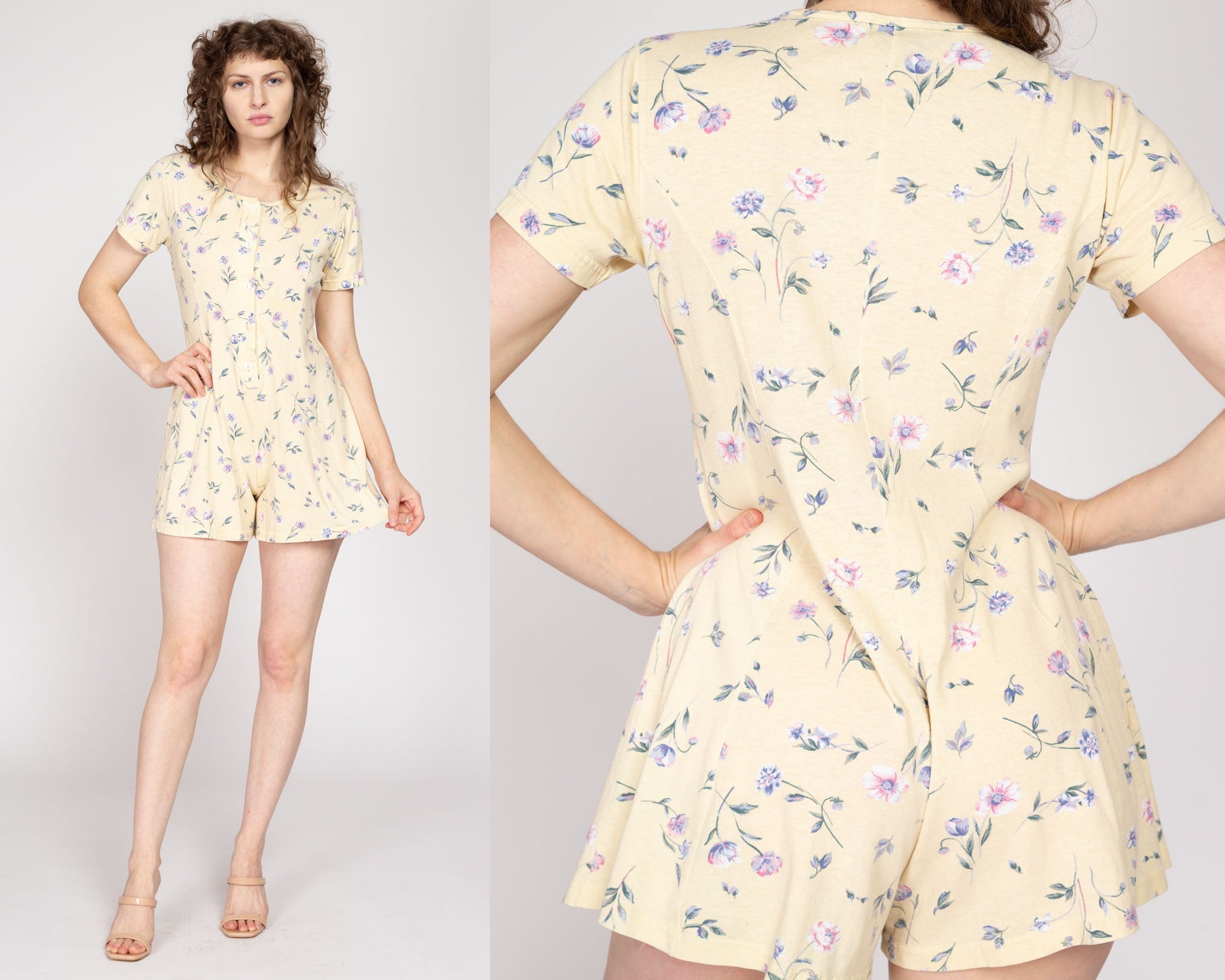 Petite Medium 90s Yellow Floral Flutter Sleeve Romper | Vintage Boho Grunge Short Sleeve Mini Playsuit