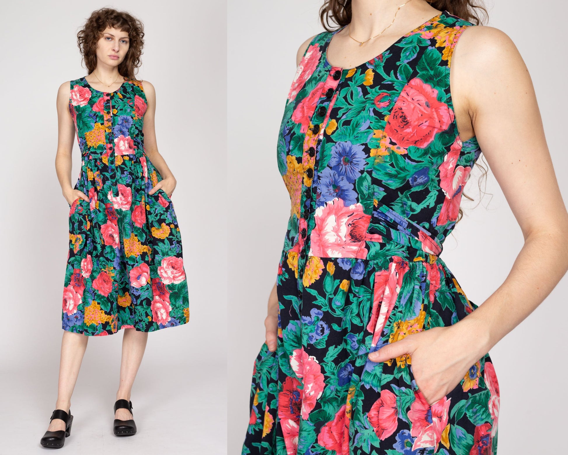 Sm-Med 80s Floral Fit & Flare Pinafore Sundress | Vintage Sleeveless Button Front Pocket Midi Dress