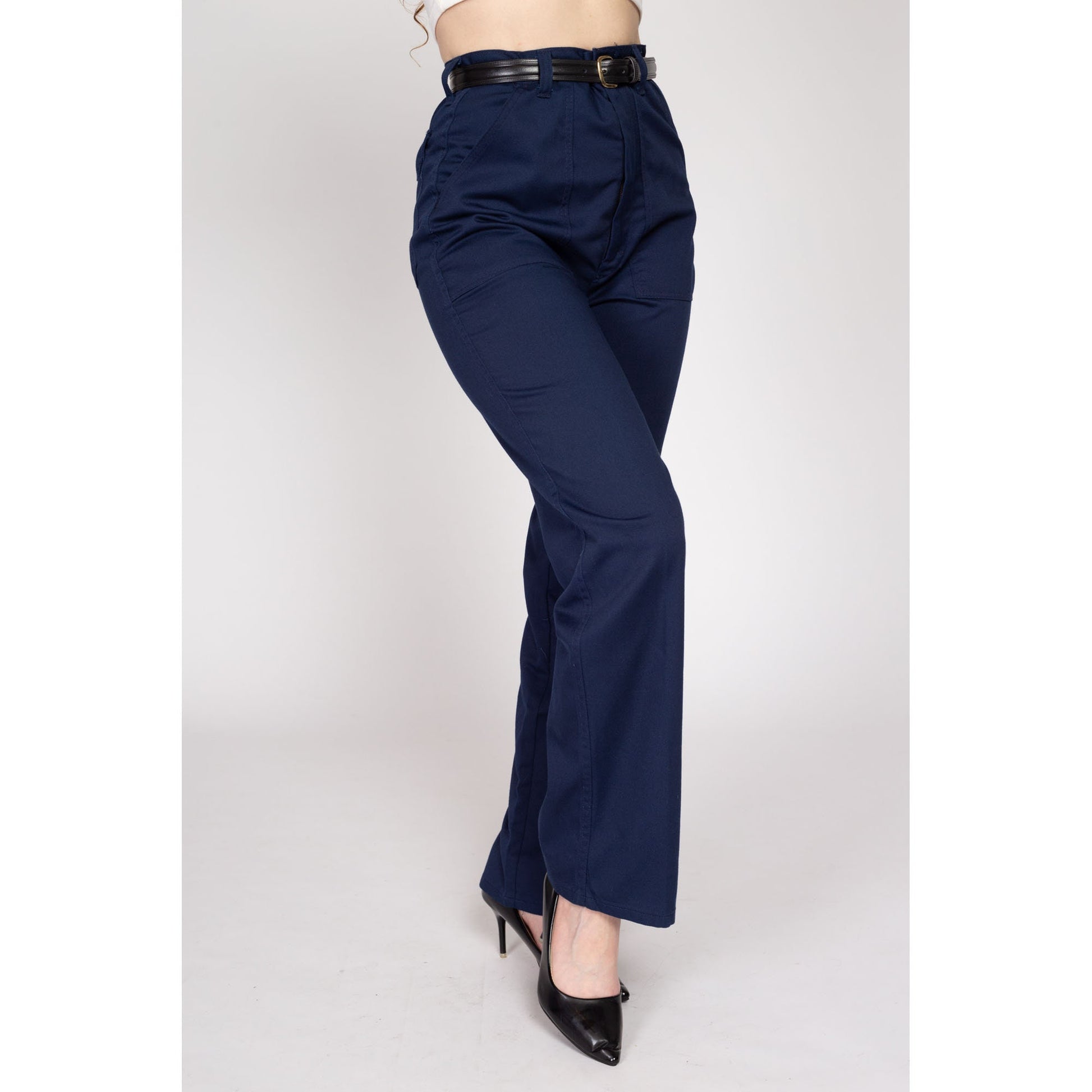 Medium 70s Navy Blue Straight Leg Pants 29" | Vintage High Waisted Cargo Pocket Trousers