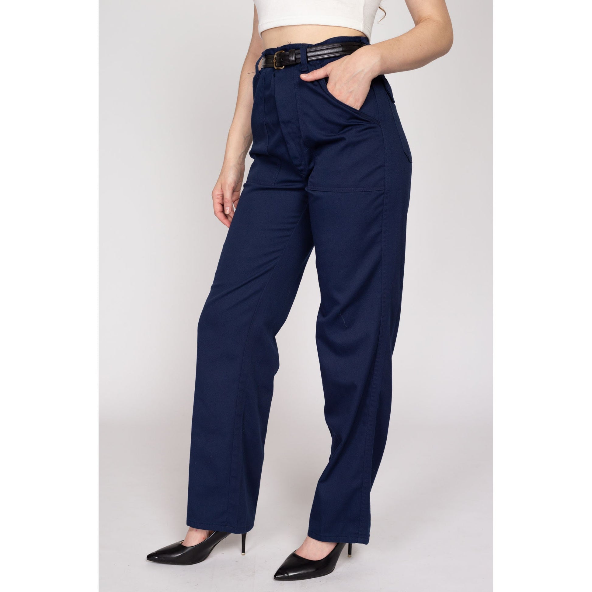 Medium 70s Navy Blue Straight Leg Pants 29" | Vintage High Waisted Cargo Pocket Trousers