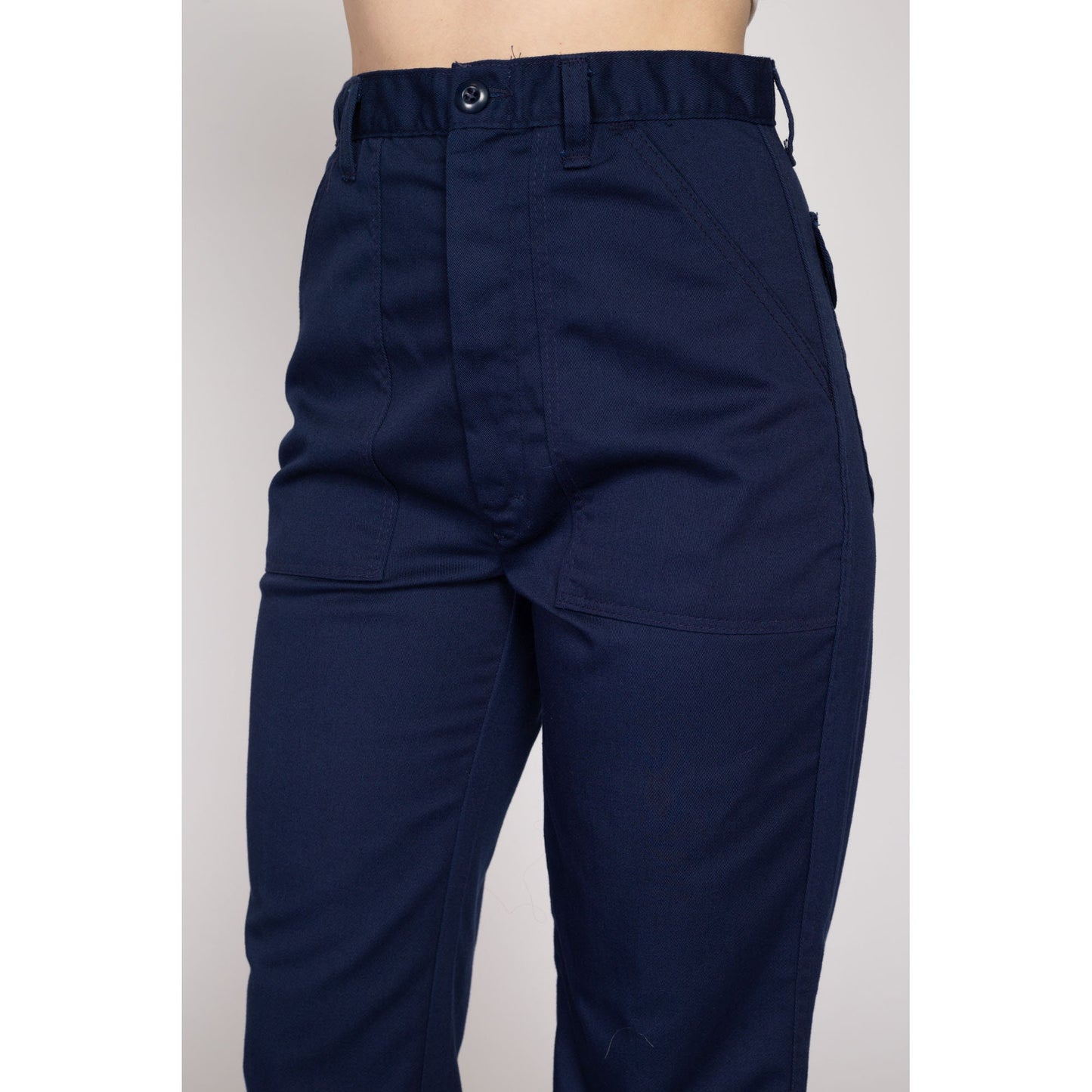 Medium 70s Navy Blue Straight Leg Pants 29" | Vintage High Waisted Cargo Pocket Trousers
