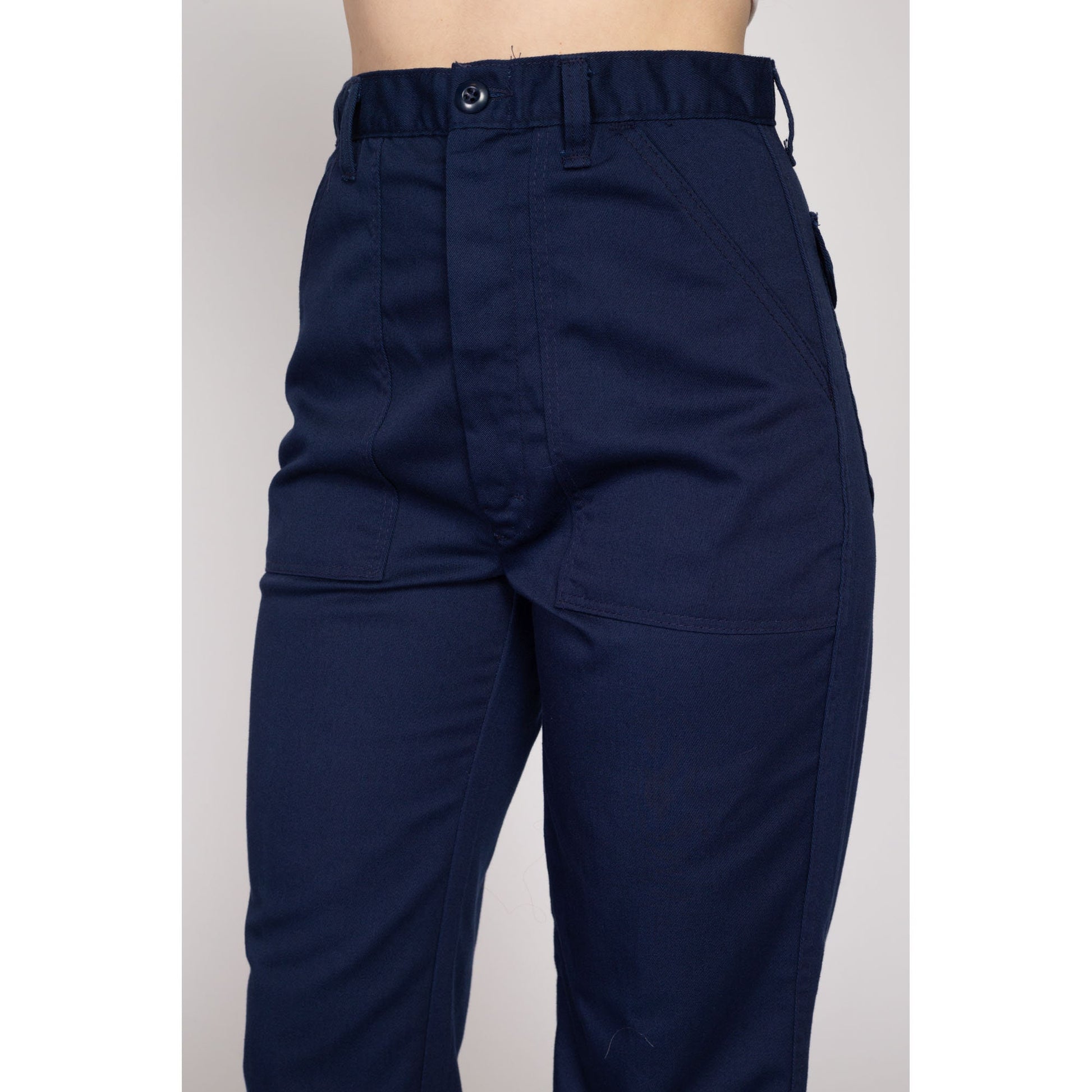 Medium 70s Navy Blue Straight Leg Pants 29" | Vintage High Waisted Cargo Pocket Trousers
